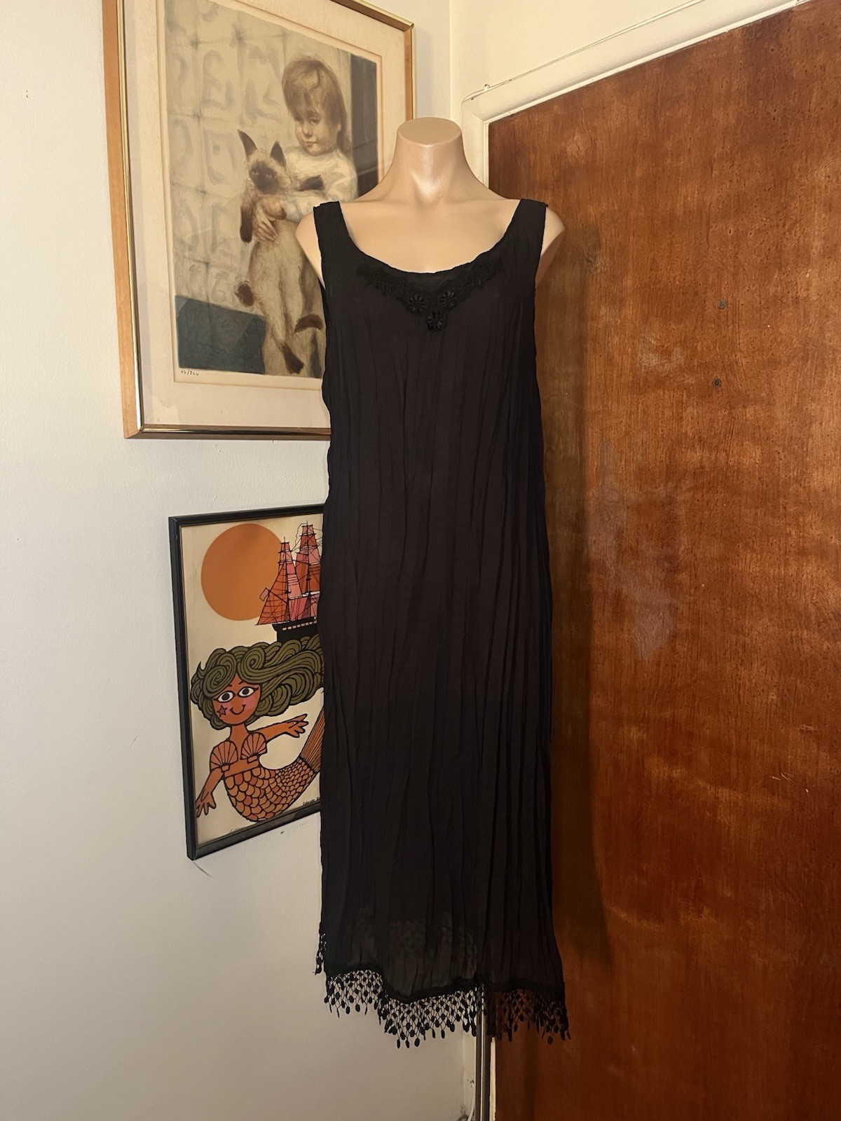 Vintage Black Whimsy Classic Sheer Crinkle Pleated Crochet Hem Maxi Dress S/M
