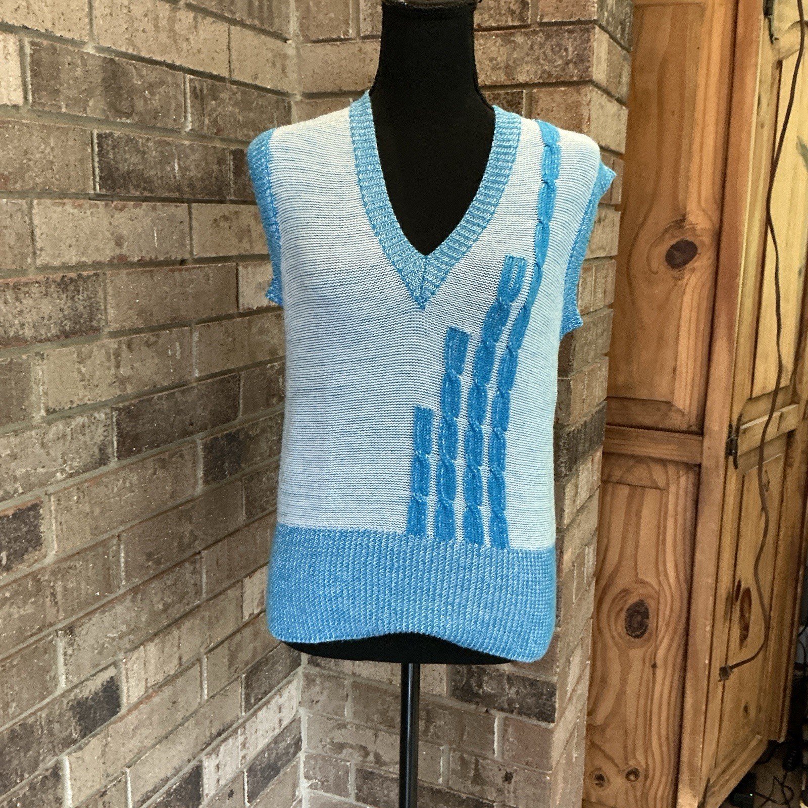 60s VTG Gino Paoli Italy Made Wool Sweater Vest Blue Cable Knit Size 12 #57E5