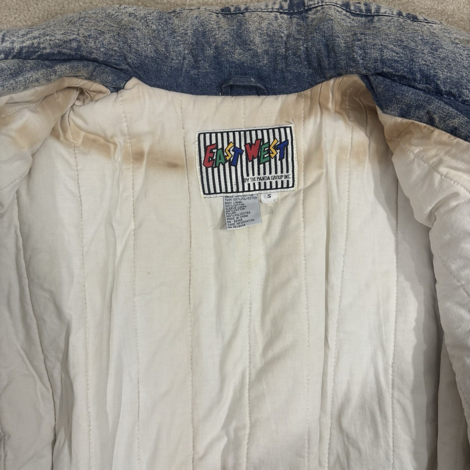 Vintage Original 80s East West Acid Wash Denim L Puffer Jacket Small Floral Lace