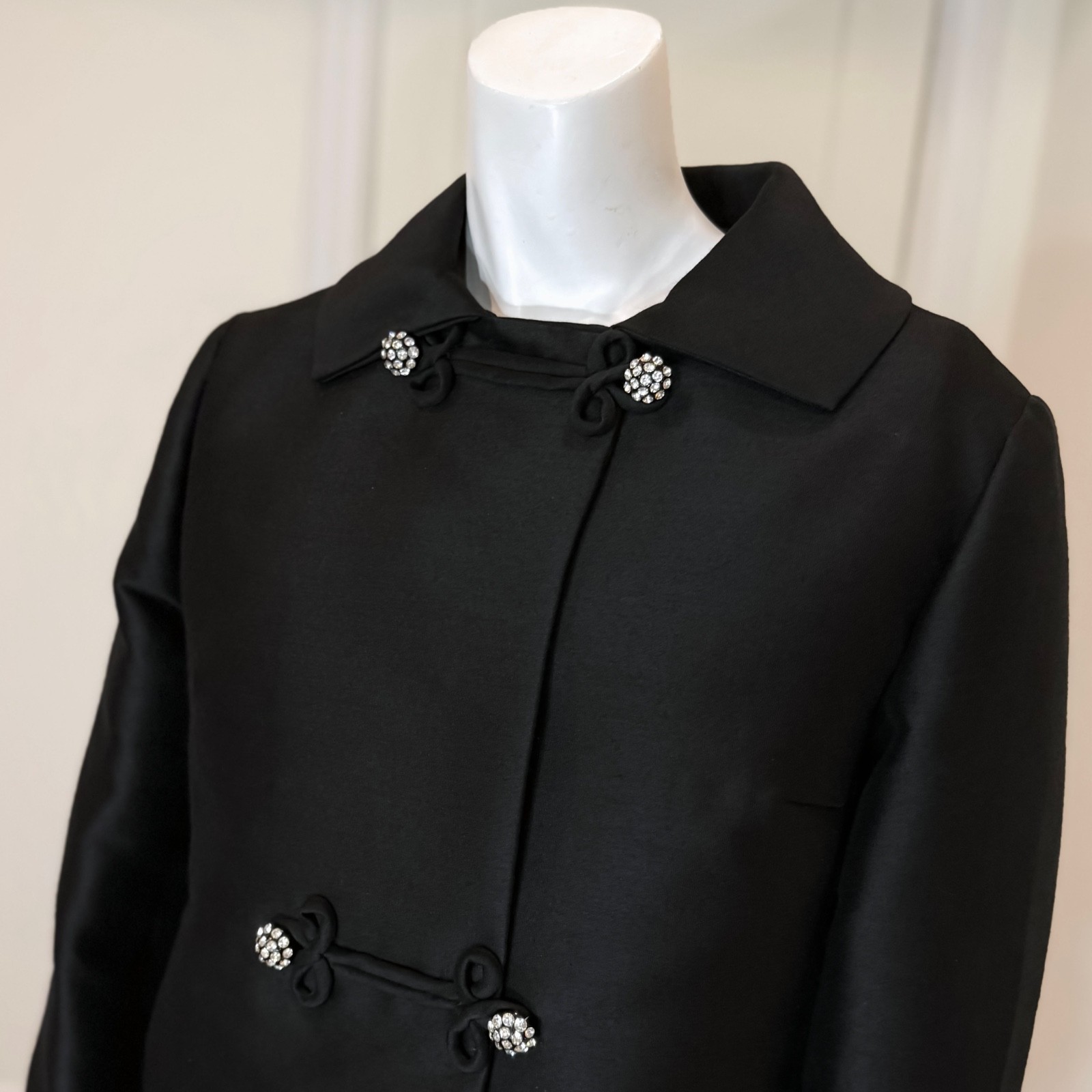 Vintage 60&rsquo;s RHINESTONE ASIAN JACKET x DRESS SET M MCM Retro Black Office Suit