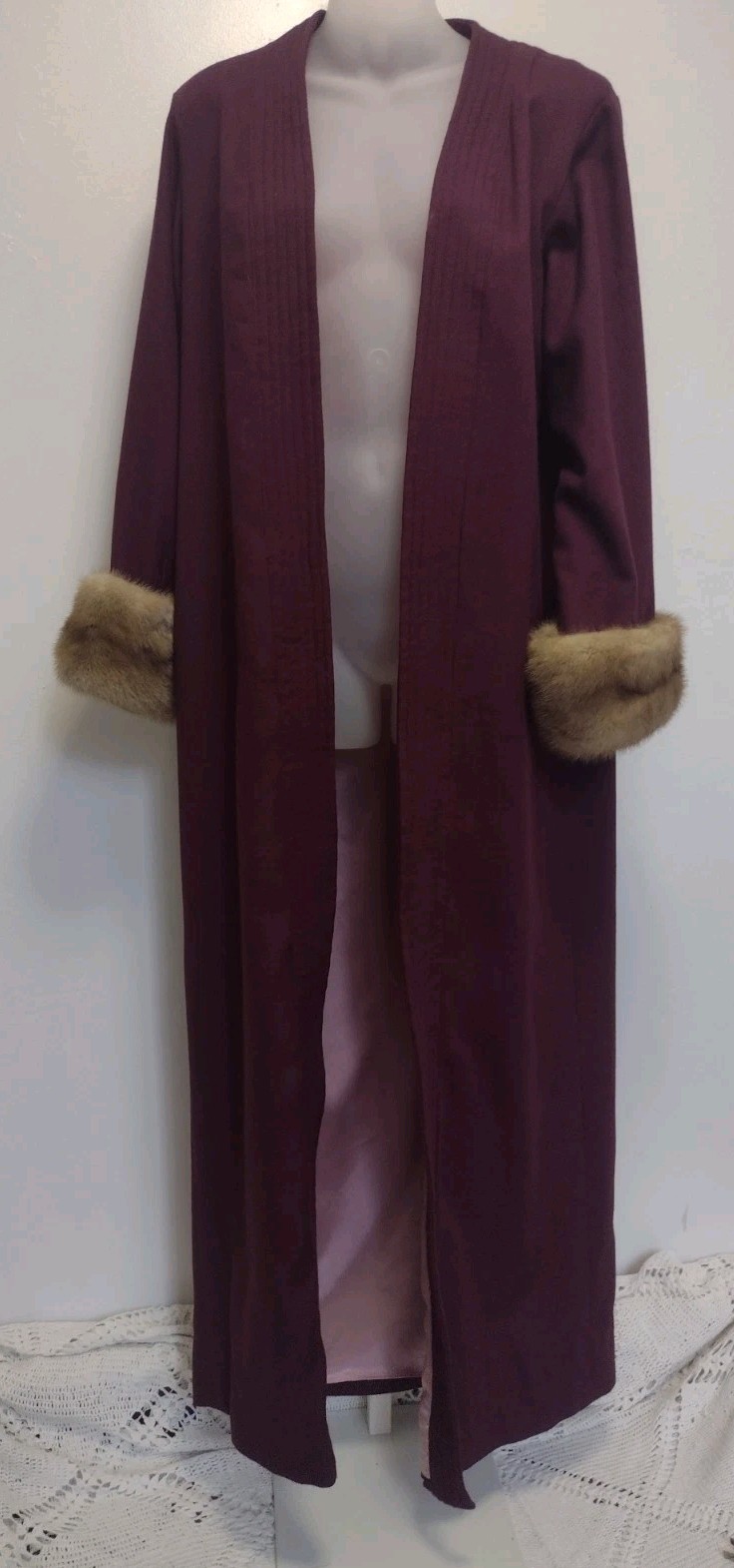 Vintage 60s Eggplant Wool Evening Coat & One‑Shoulder Gown Set w/ Mink Cuffs M