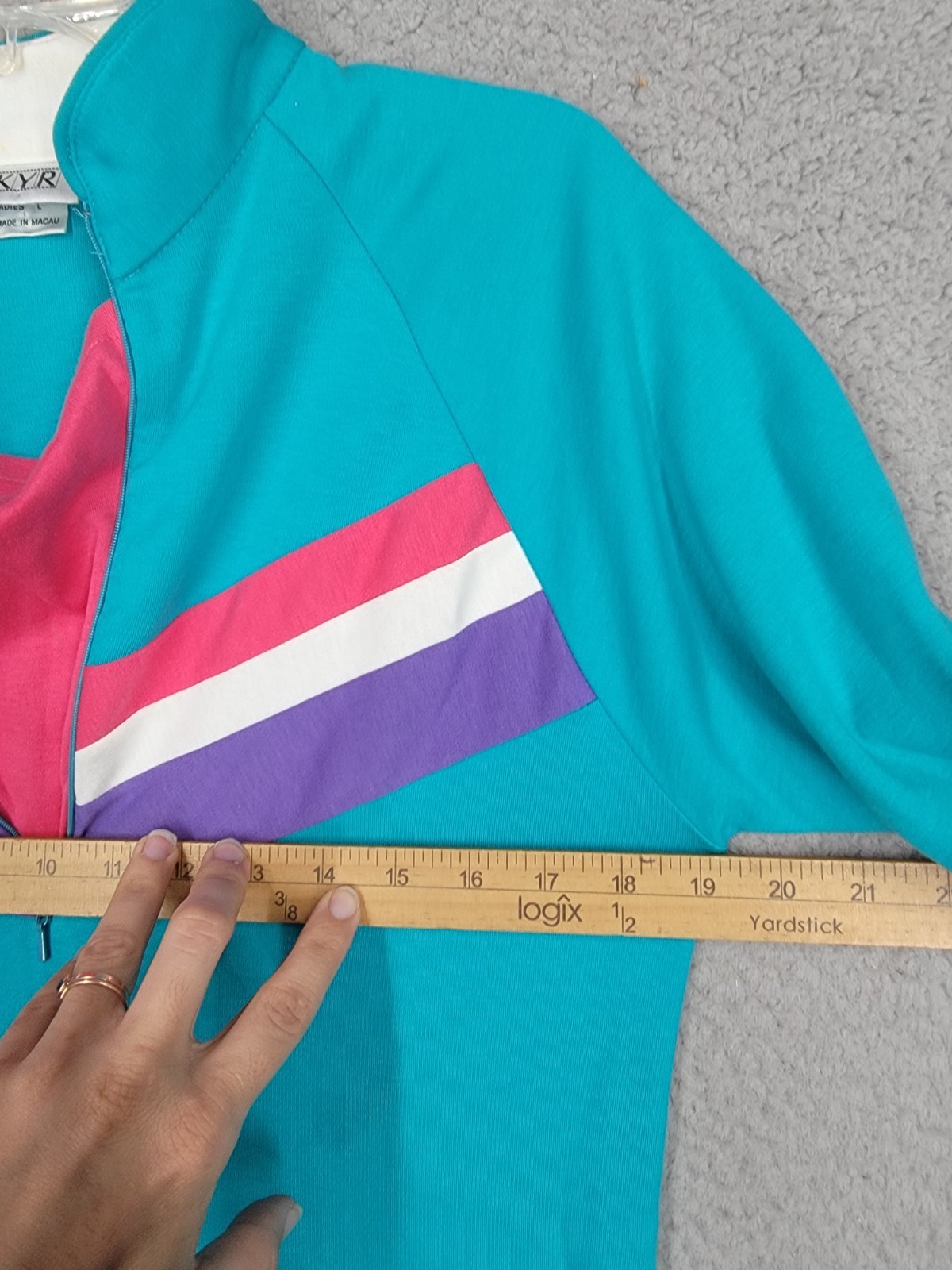 Vintage 80s Womens Pullover Sweatshirt Large Turquoise And Pink Skyr Top Stripe