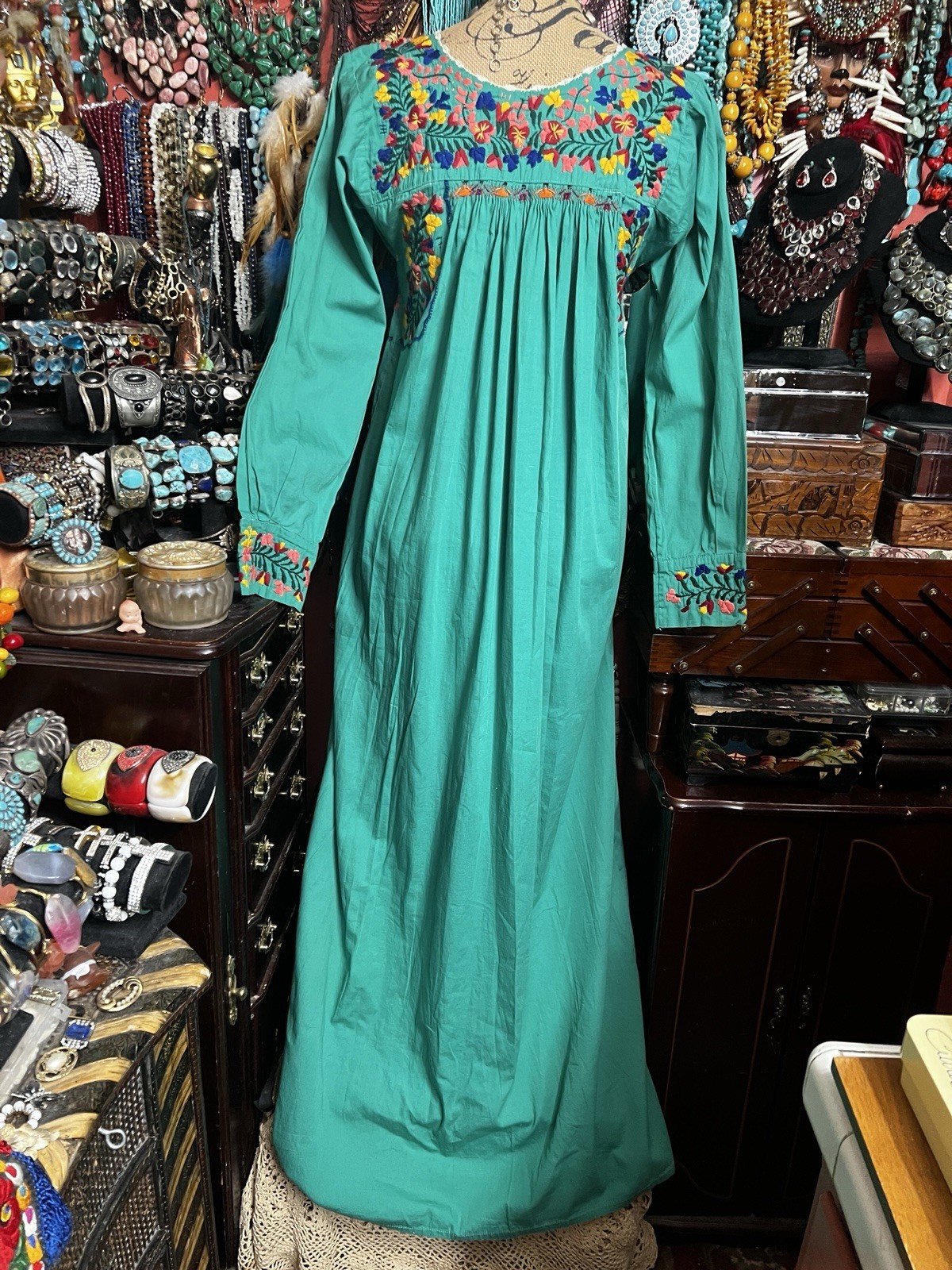 Beautiful Green Mexican Oaxaca Dress In Long Sleeve Multi Color Embroidery M/L
