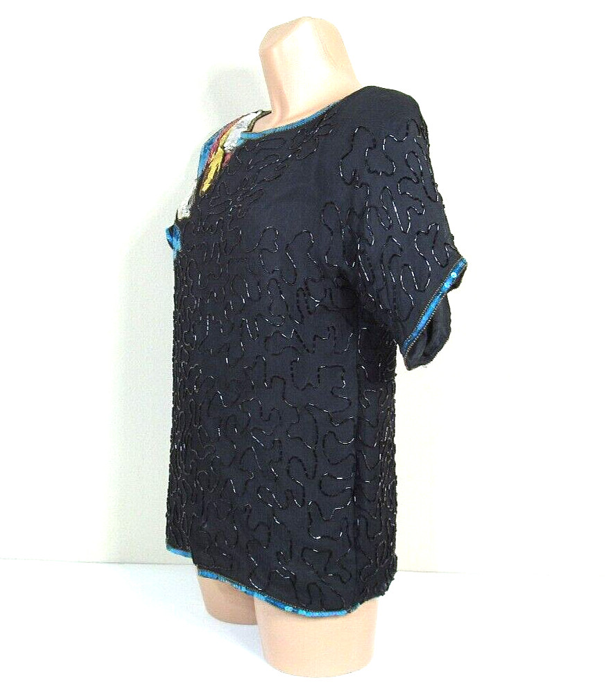 KAUR L Black Silk Vibrant Multicolor Sequined Beaded S/S Mardi Gras Party Top