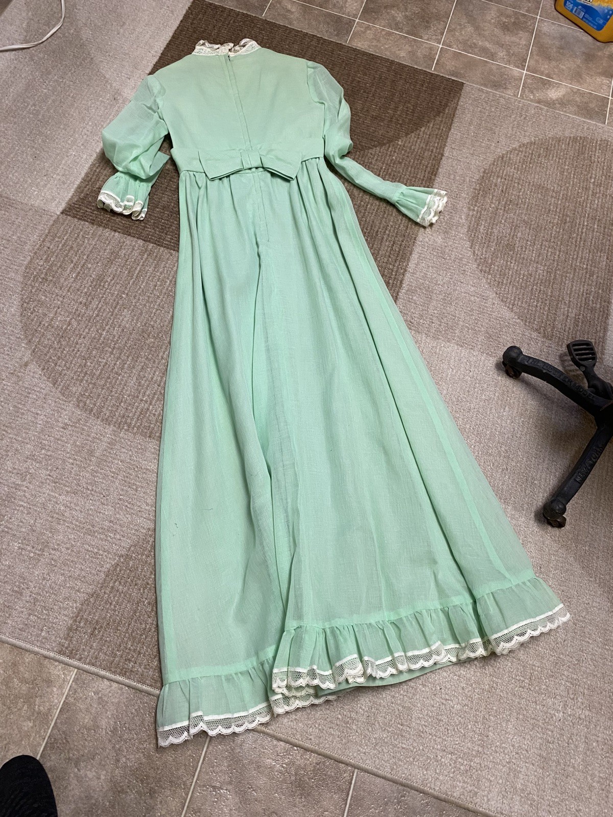 Vtg 70s Mint Green Chiffon Maxi Bridesmaid Dress Lace trim, high neck