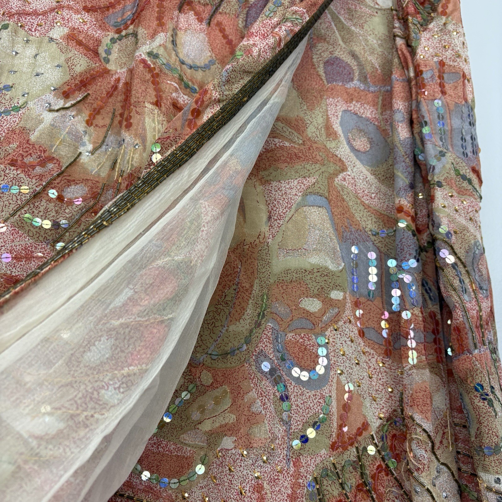 Vtg Judith Ann Creations Sequin 100% Abstract Silk India Long Sleeve Dress