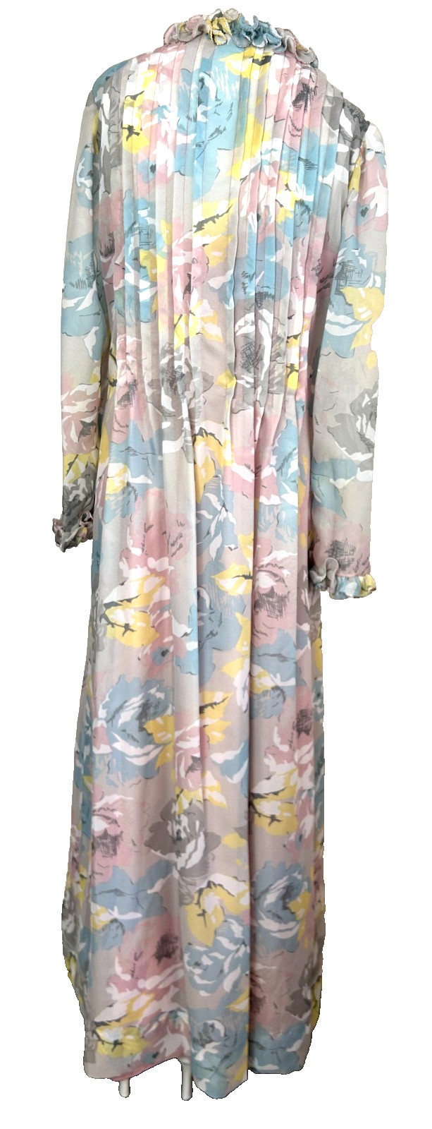 70s Floral Chiffon Hostess Dress Size Large Maxi ButtonUp Pleat Ruffle HighNeck