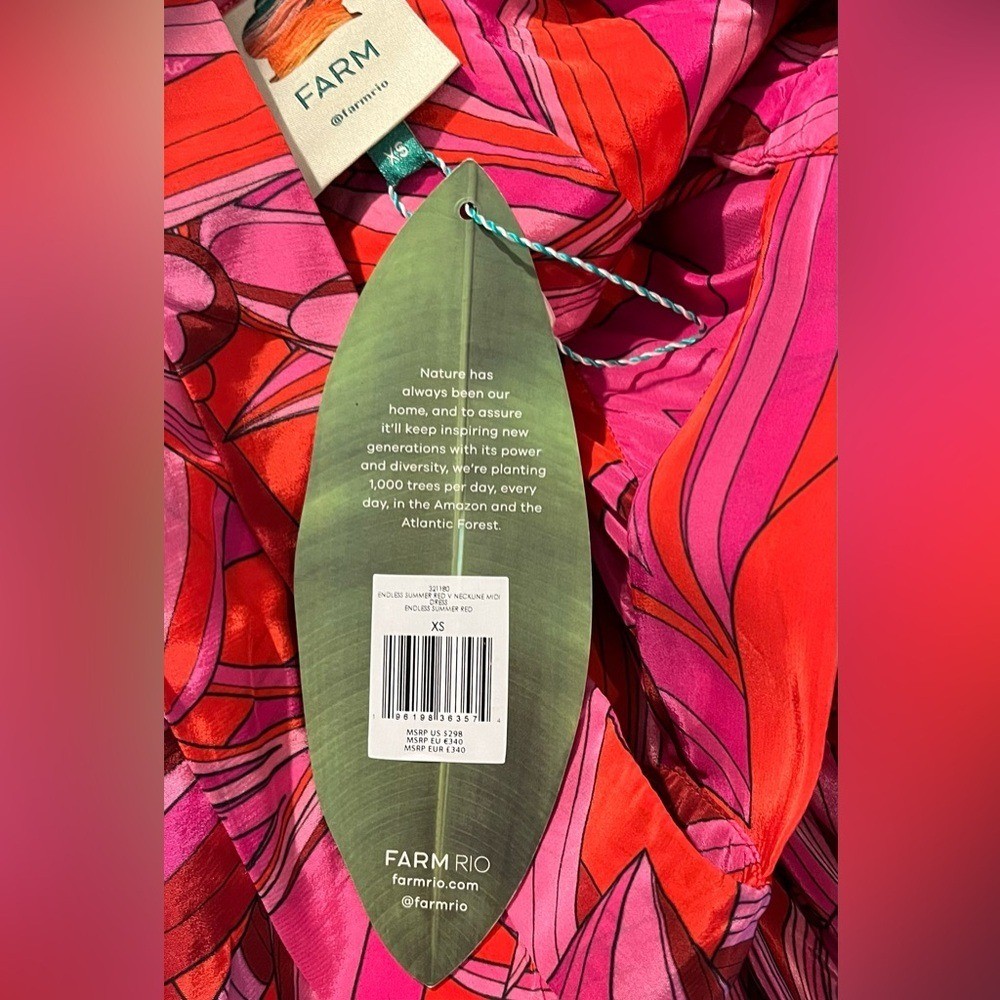 Farm Rio Red Endless Summer V Neck Midi Dress Size XS 100% Viscose NWT