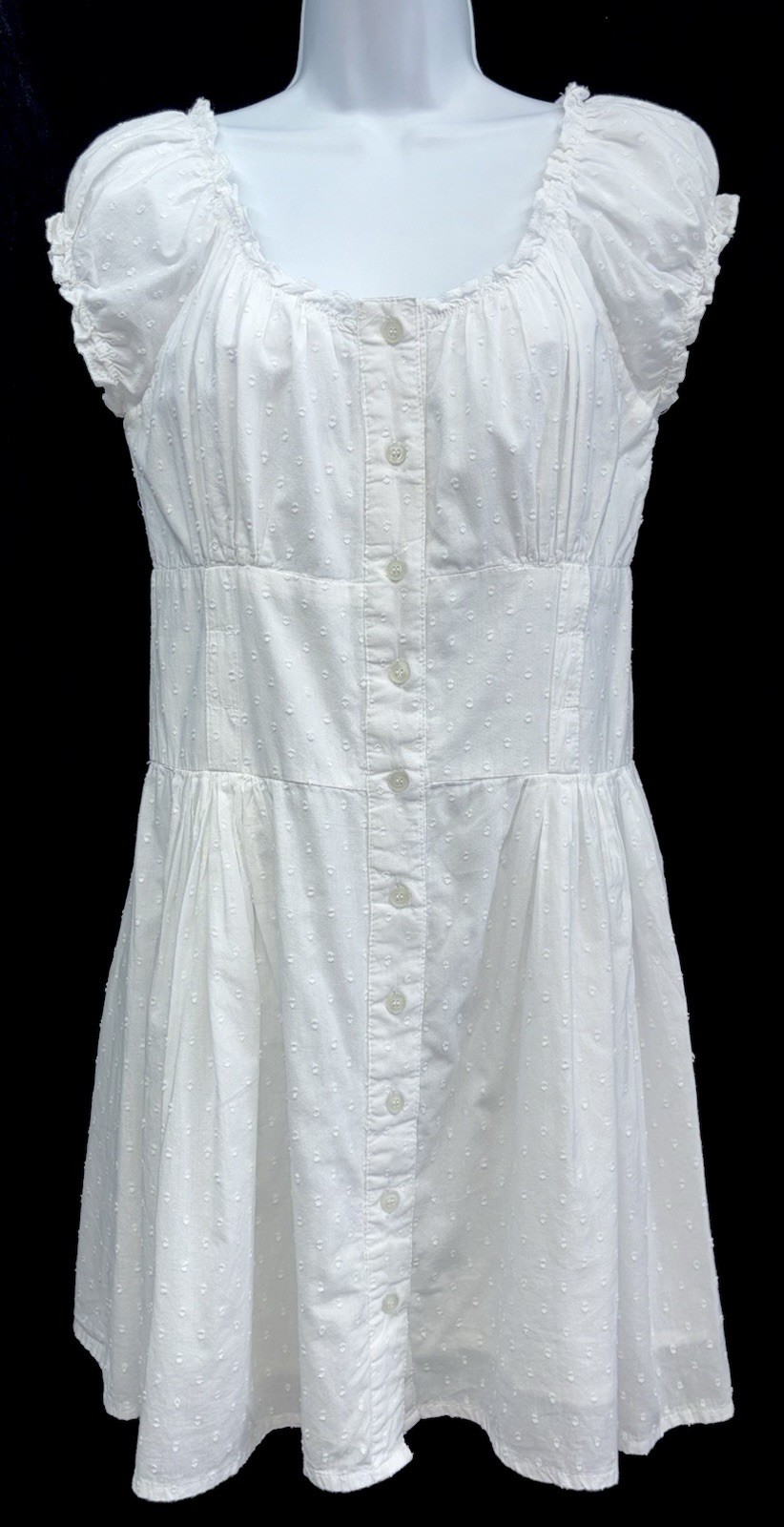 VTG First Crush Women Size M Button Up Short Cap Sleeve Dotted Swiss Dress Lined
