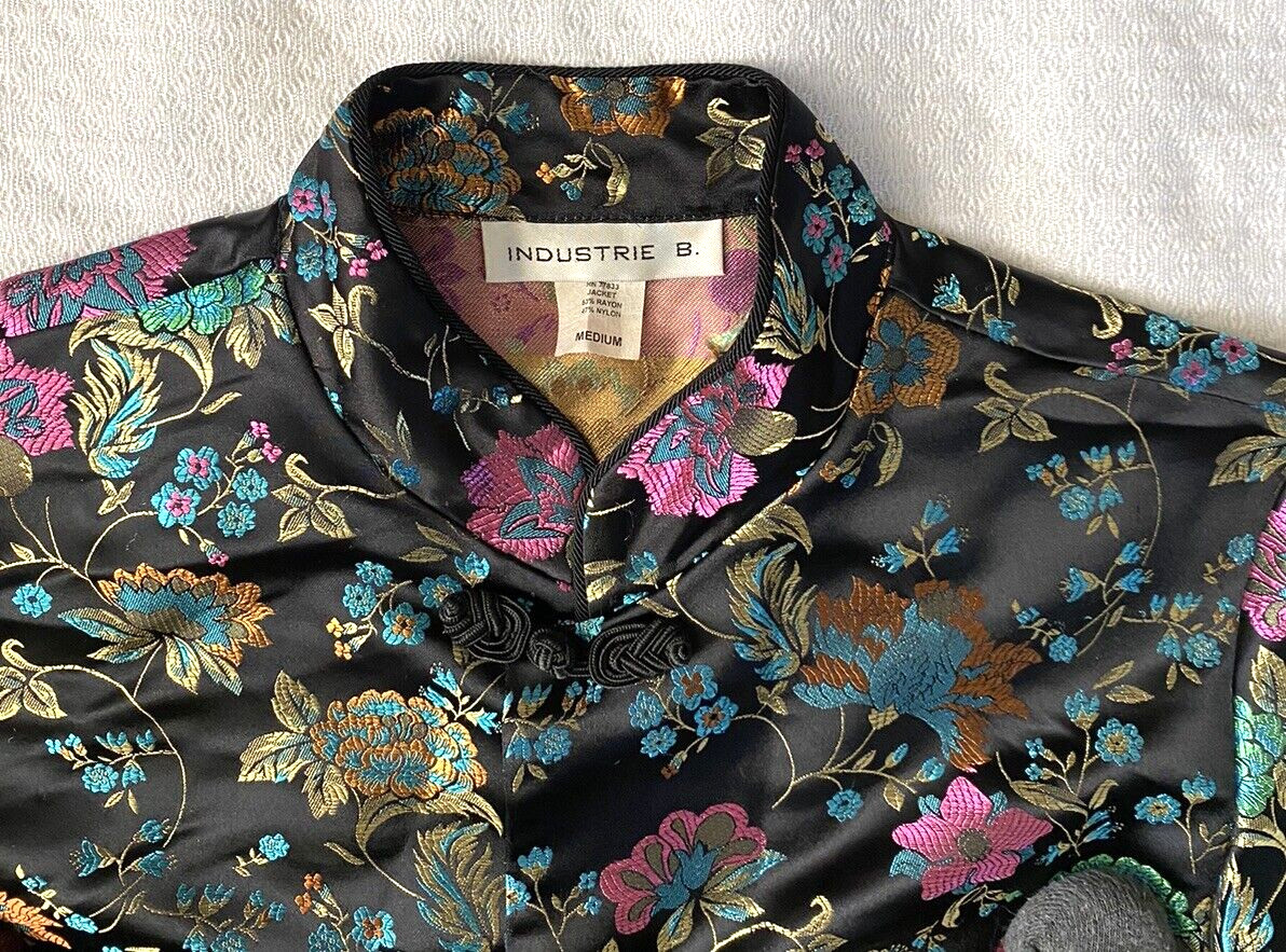 Vtg Industrie B Floral Kimono Jacket 🌸 Medium Black Rayon Blend Made in USA