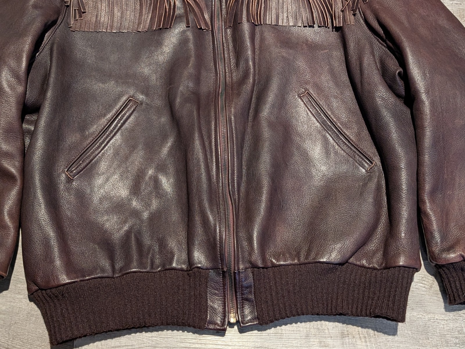Vtg UBER Fringed Genuine Leather Bomber Jacket Minnesota USA XL 2XL Quilt Lined