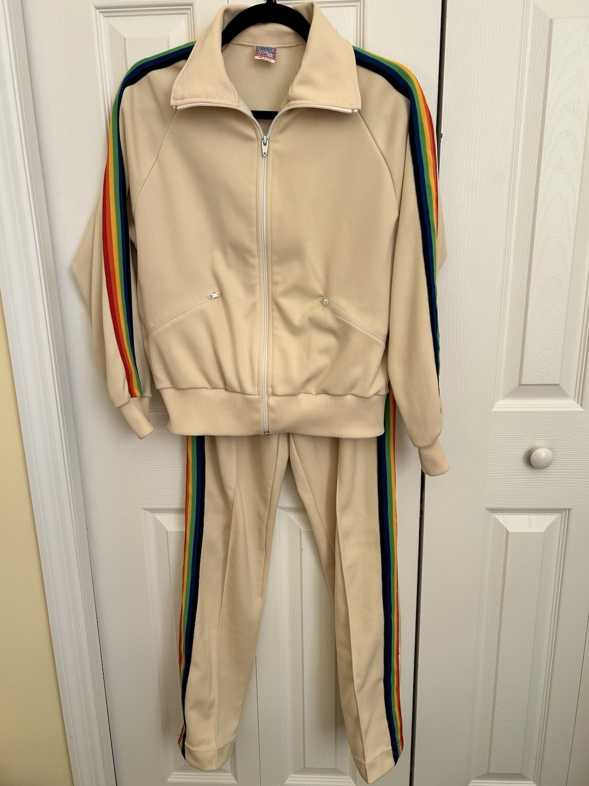 Vintage 70s 80s Sears Put On The Shop Tracksuit Ivory Suit w/ Rainbow Stripes-M