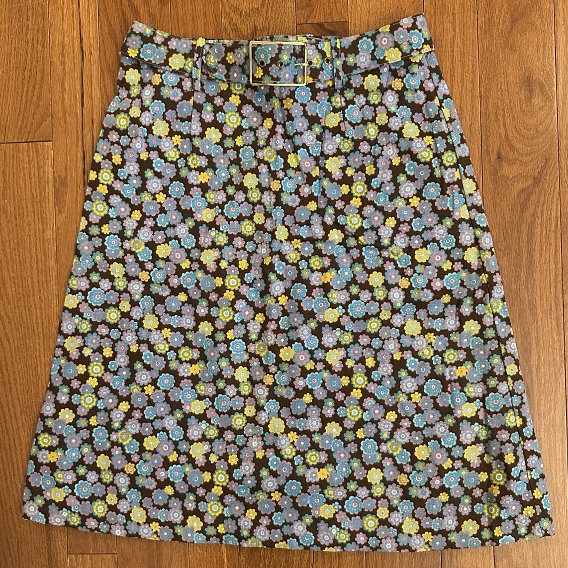Vintage 60s Floral A-Line Skirt w/ Belt Mod Blue Brown Yellow Size 8, 26&Prime; Waist
