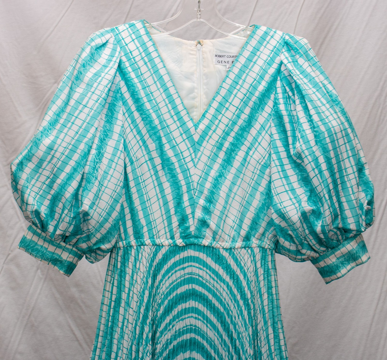 1980s Vintage Dress Aqua Blue Satin Pouf Sleeve Robert Courtney Gene Roye