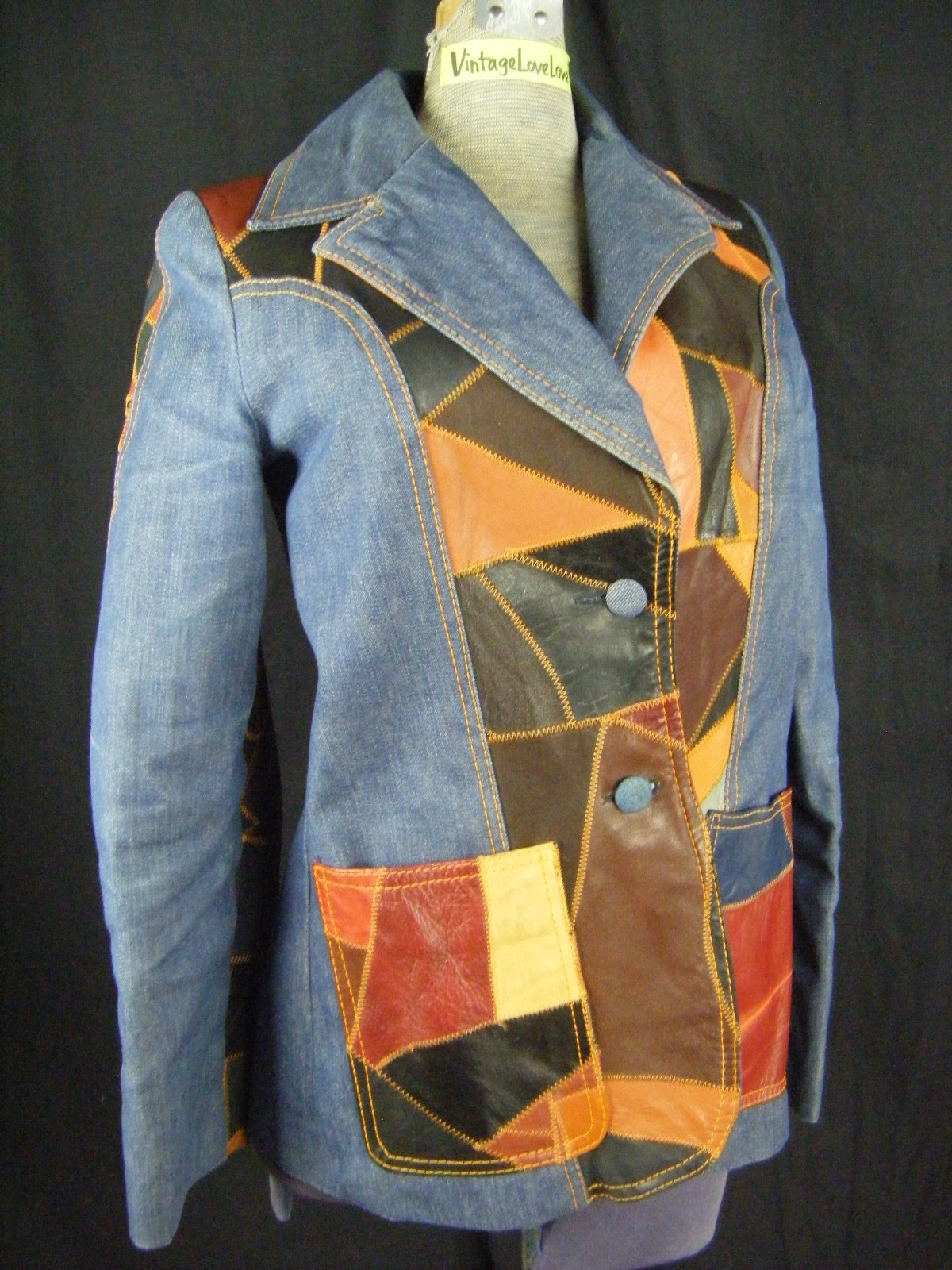 ROSEMARY Vtg 70 Leather Patchwork Denim Jacket-Bust 35/2XS-XS