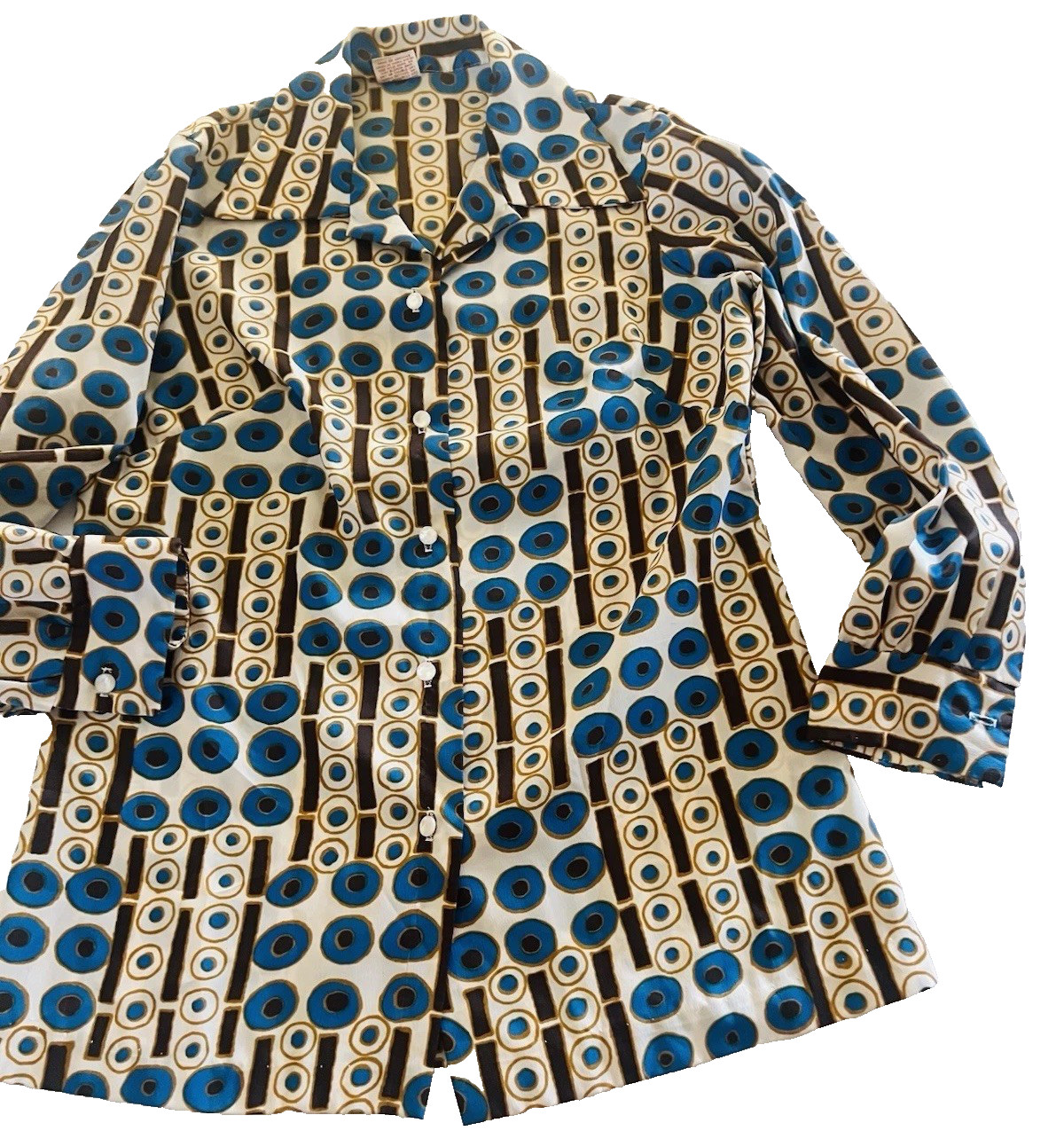 VTG 70s Disco Bold Geometric Circles Big Collar Blouse Graff Californiawear Top