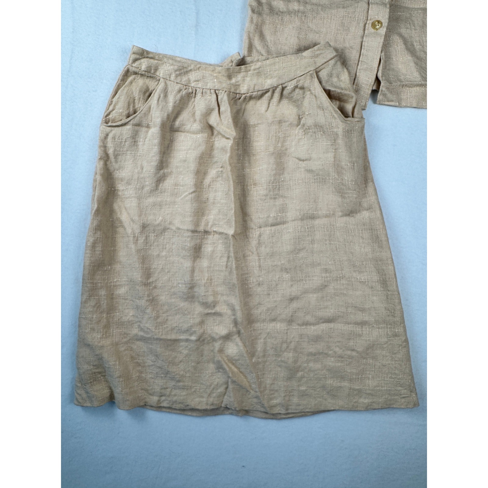 Vintage 70&rsquo;s Linen Blend Neutral Two Piece Skirt Set Tan Short Sleeve Top Midi