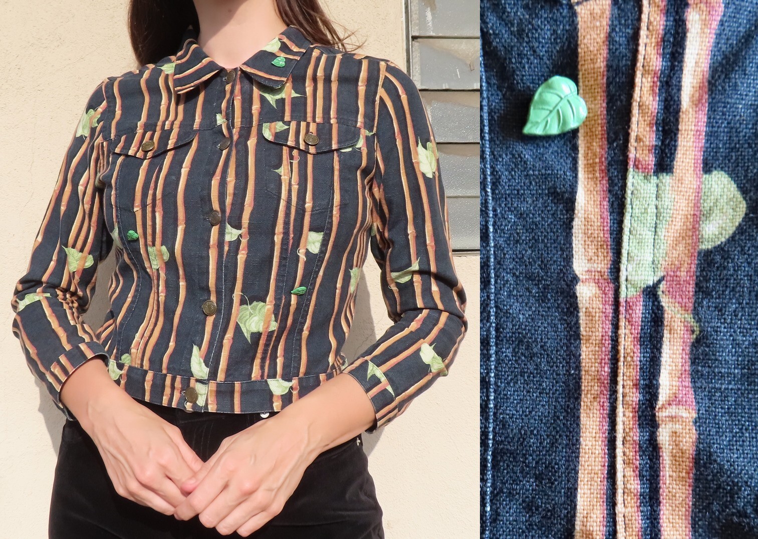 1990s Vintage Bamboo Leaf Print Black Cotton Jacket sz Medium 37&Prime; chest