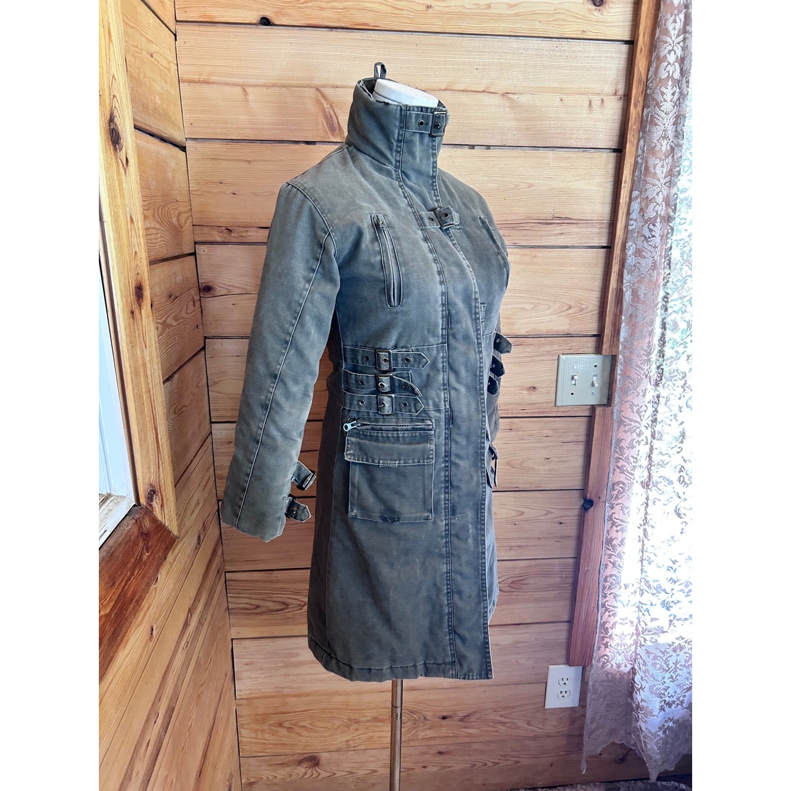Vintage Tactical Trench Coat Womens Medium Green Buckle Utility Cargo Archive