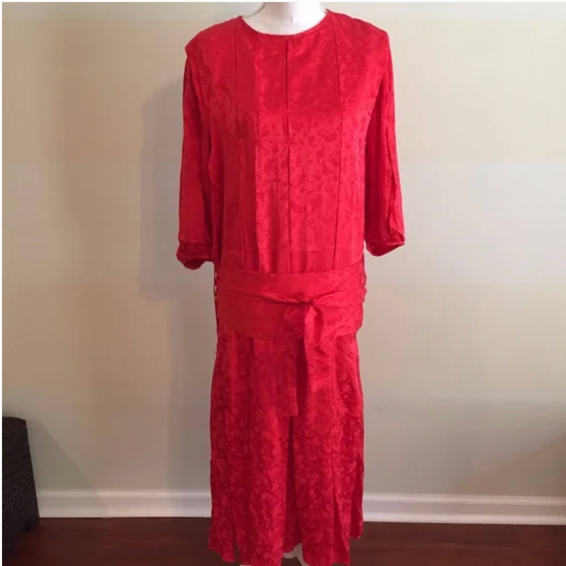 VTG Lopez Knudsen Red 100% Silk Gown Dress Size 8 Pleated Drop Waist Belted MCM