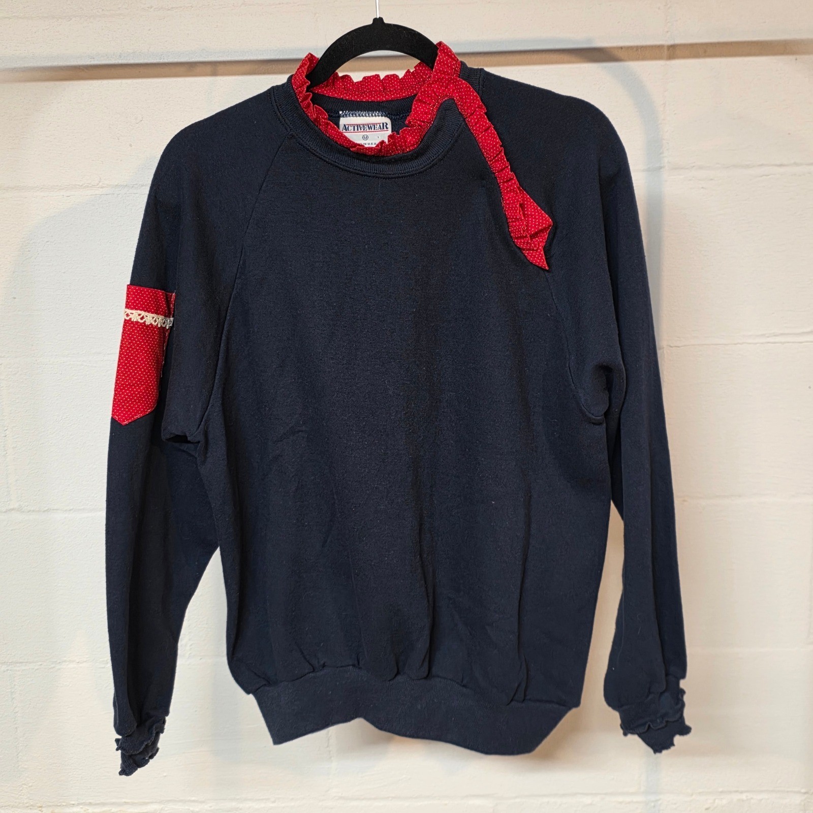 Vintage 80s Activewear Navy Blue Ruffle Collar Polka Dot Sweatshirt Women Medium