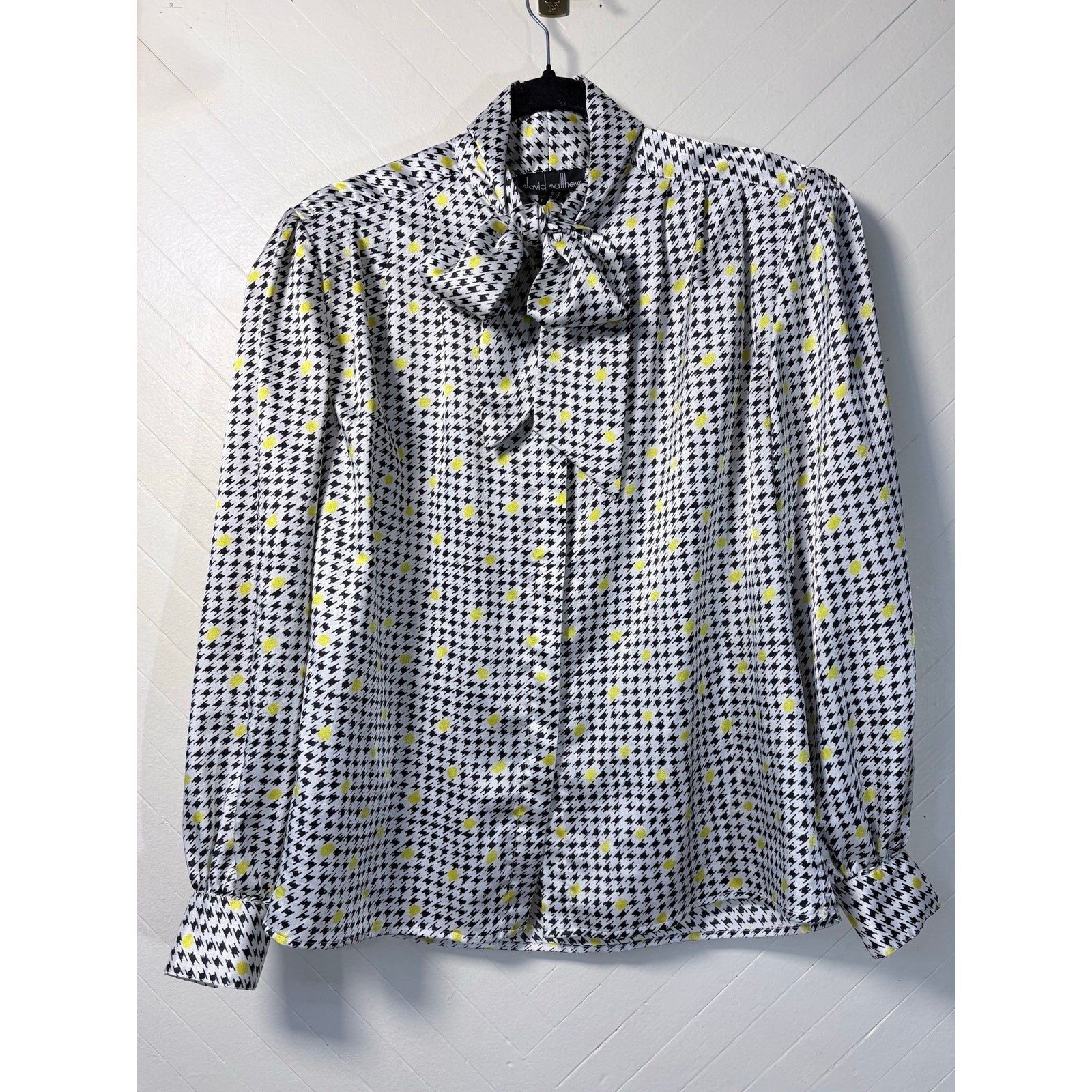 Vintage David Matthew Black and Yellow Houndstooth Tie Neck Blouse Women&rsquo;s 10