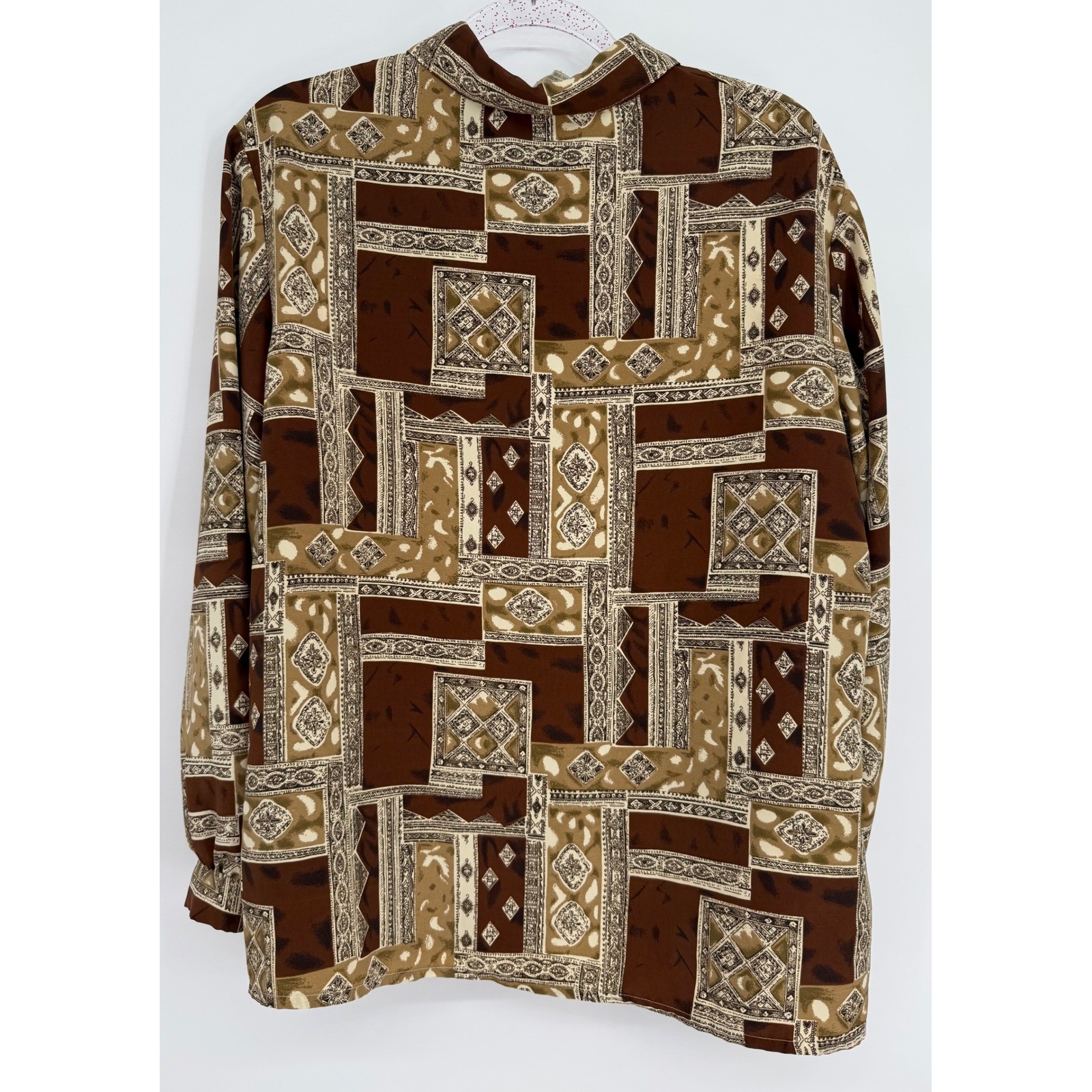 Nikki Vintage Brown Geometric Patchwork Button Up Blouse Womens Style Sz 18