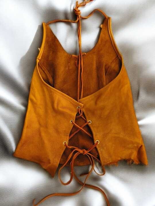 Rare 1990s Genuine Leather Open Back Halter Top Corset Lace Up Brown Small