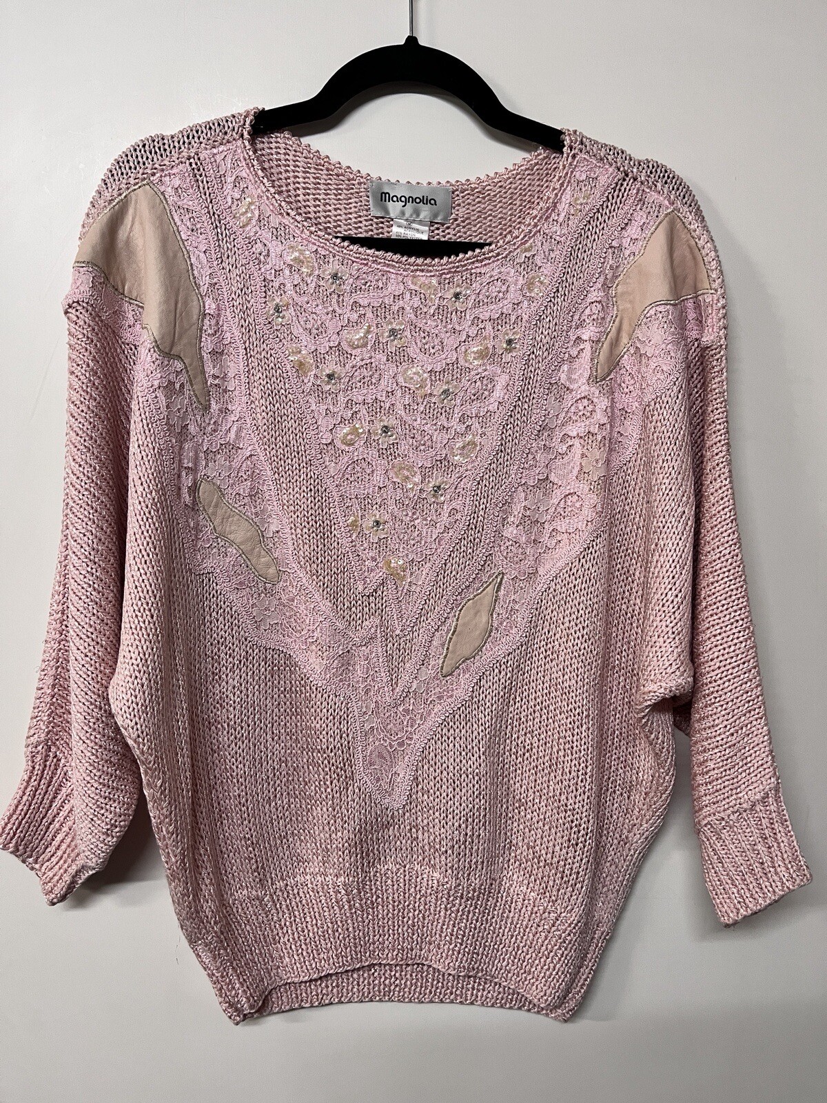Magnolia Vintage 80s Hand Knitted Pink Metallic Sequin Lace Batwing Sweater M