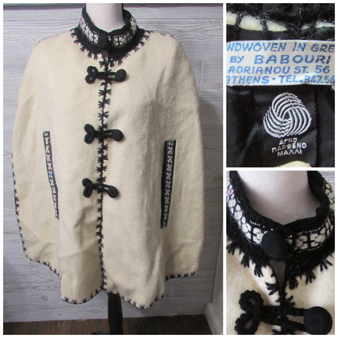 Vtg 60&rsquo;s Greek Babouri Wool Stole Wrap Shawl Jacket Cape Crochet Handwoven Nice