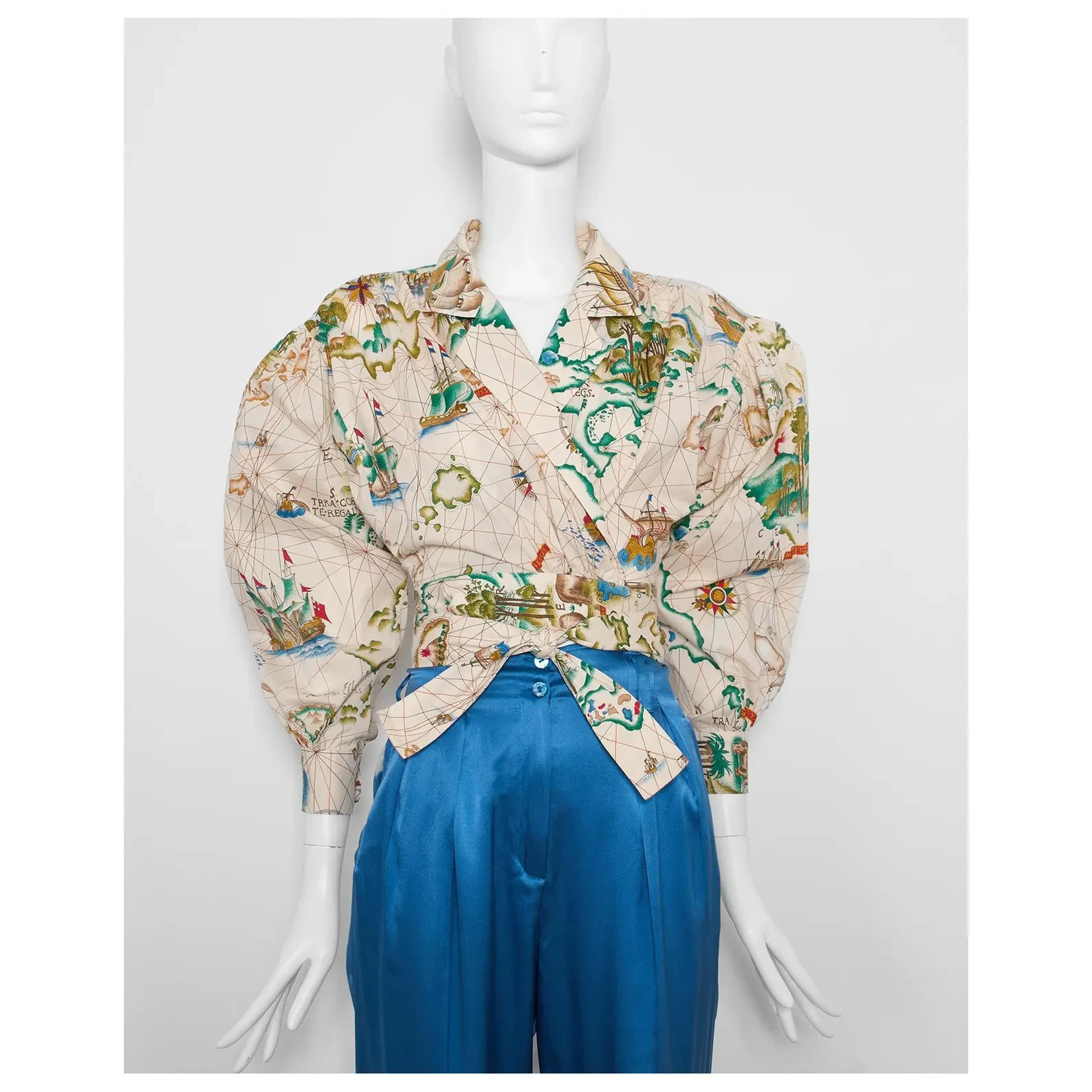 Rare vintage 1980s illustrated atlas world map wrap puff sleeve KENZO shirt