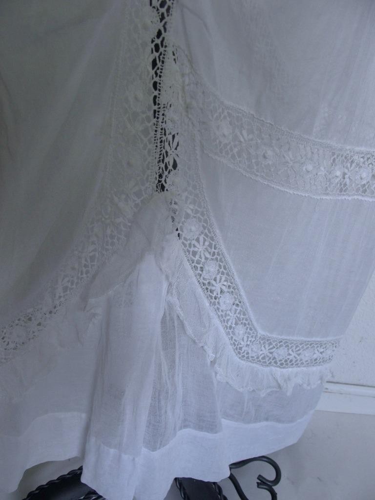 Antique Victorian Edwardian White Sheer Voile Dress XXXS Lace Trim Pintucks