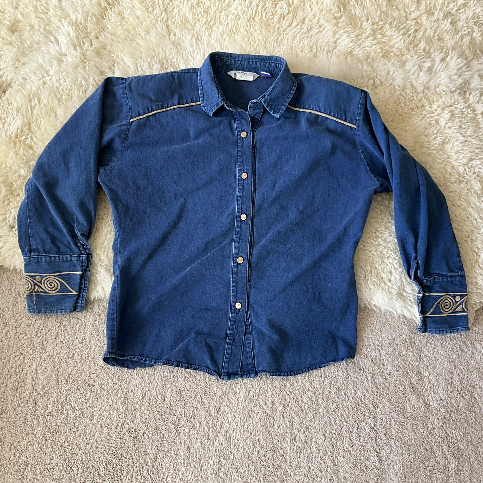 Vintage Bar N None Shirt Woman&rsquo;s Large Long Sleeve Denim Embroidered Cuffs USA