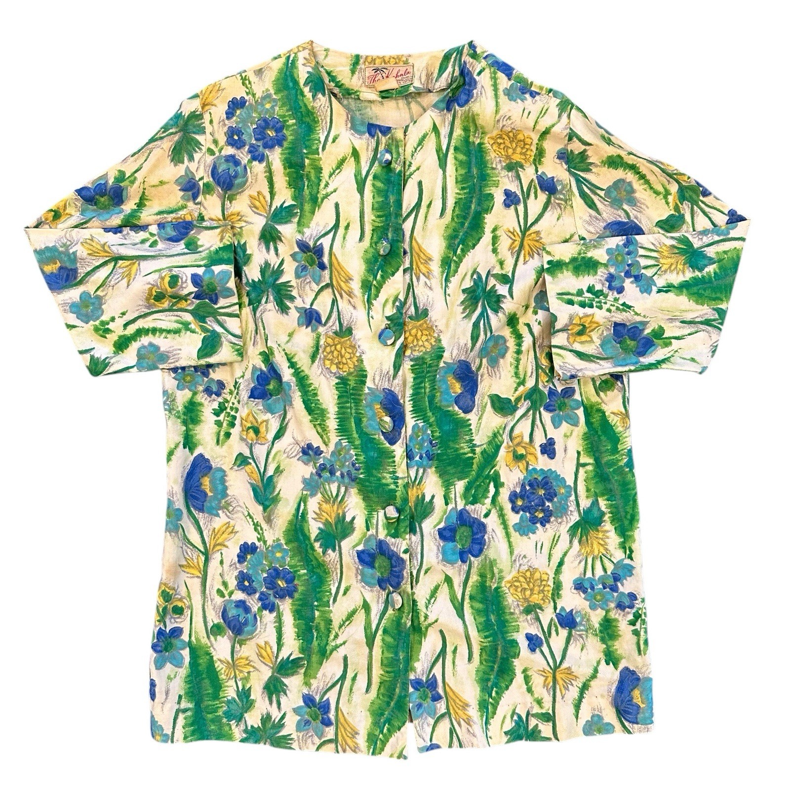 Vintage 50s 60s Kahala Made In Honolulu Green Blue Hawaiian Shirt Jacket Size 12