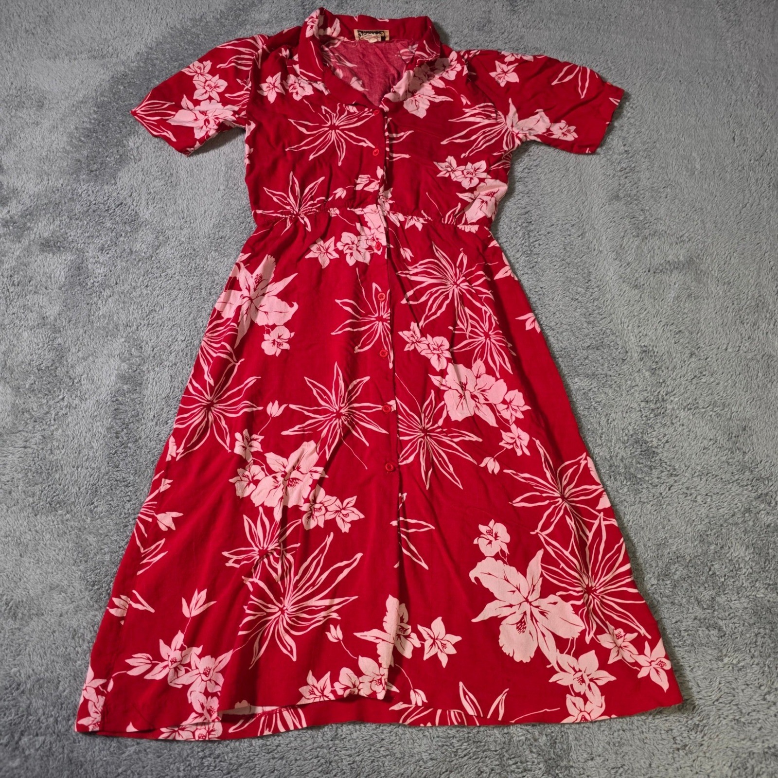 Gee Wiz Womens 5/6 Midi Dress Red Tropical Floral Button Front Rayon Vintage