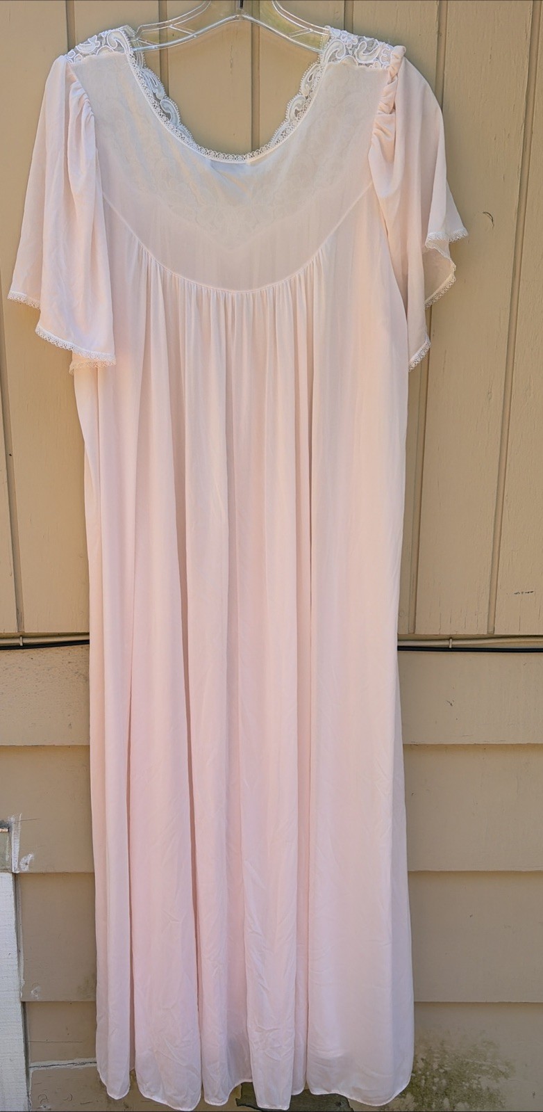 Miss Elaine Silky Nylon Nightgown XL Pink with White Lace Vtg 60-70s Lingerie