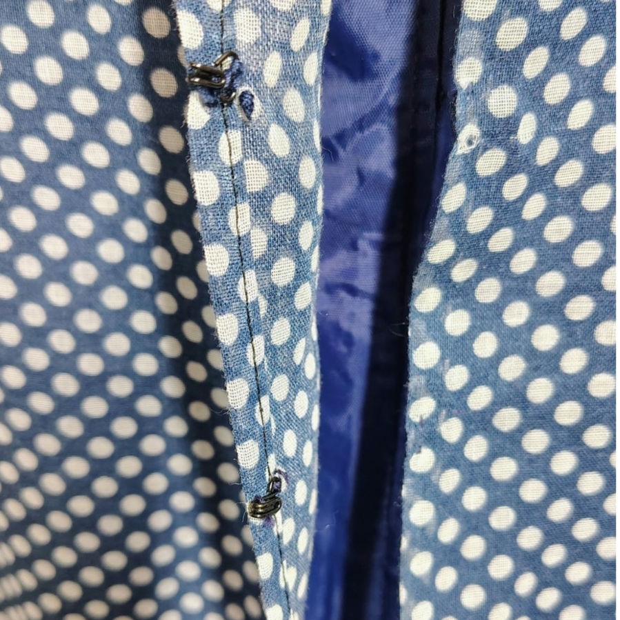 70s Joseph Magnin Blue Polka Dot Evening Gown Maxi Ruffled Neckline Dress Size 8