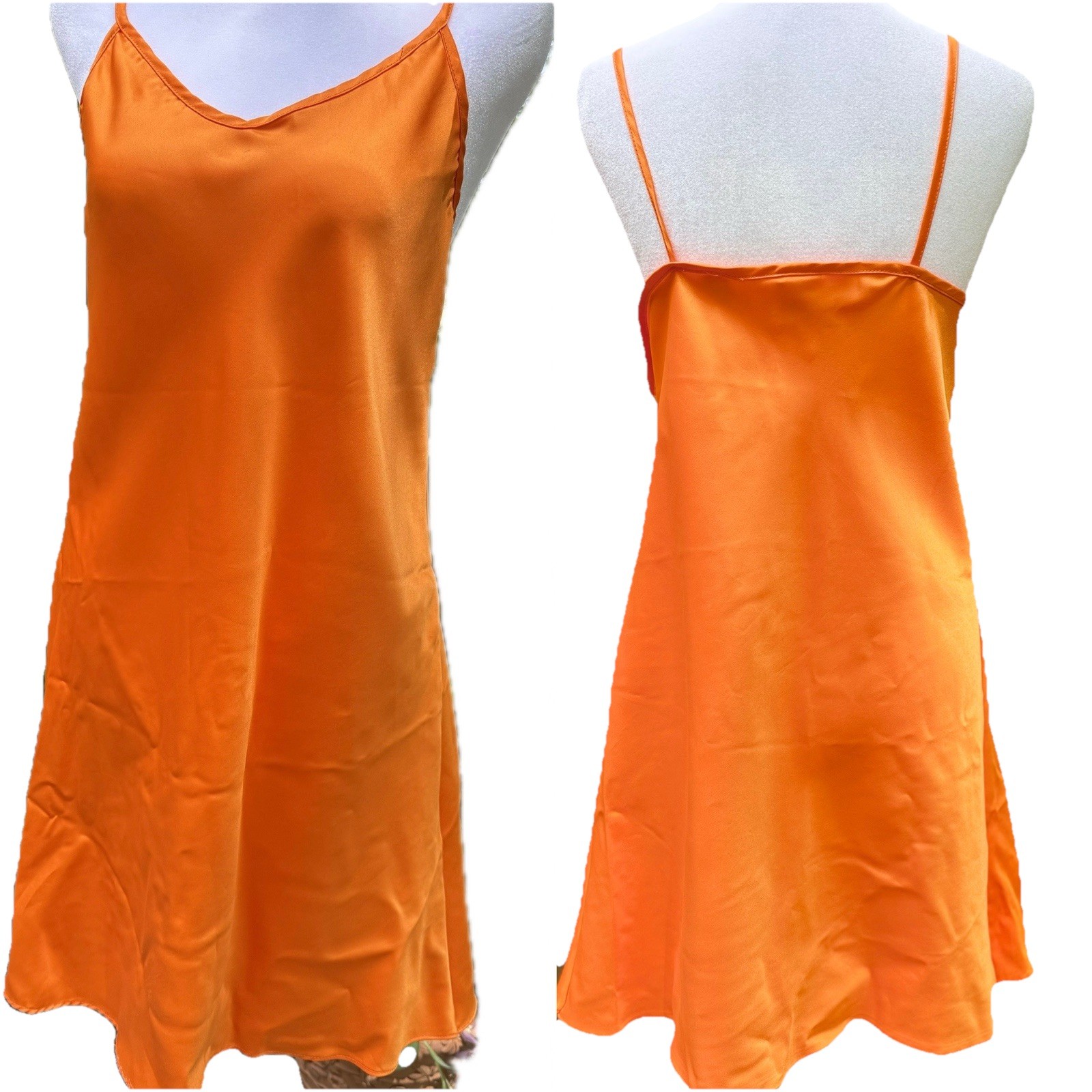 Vtg Full Slip Dress Gown Glossy Satin Chemise Radiant ORANGE Italy 38 40 L XL