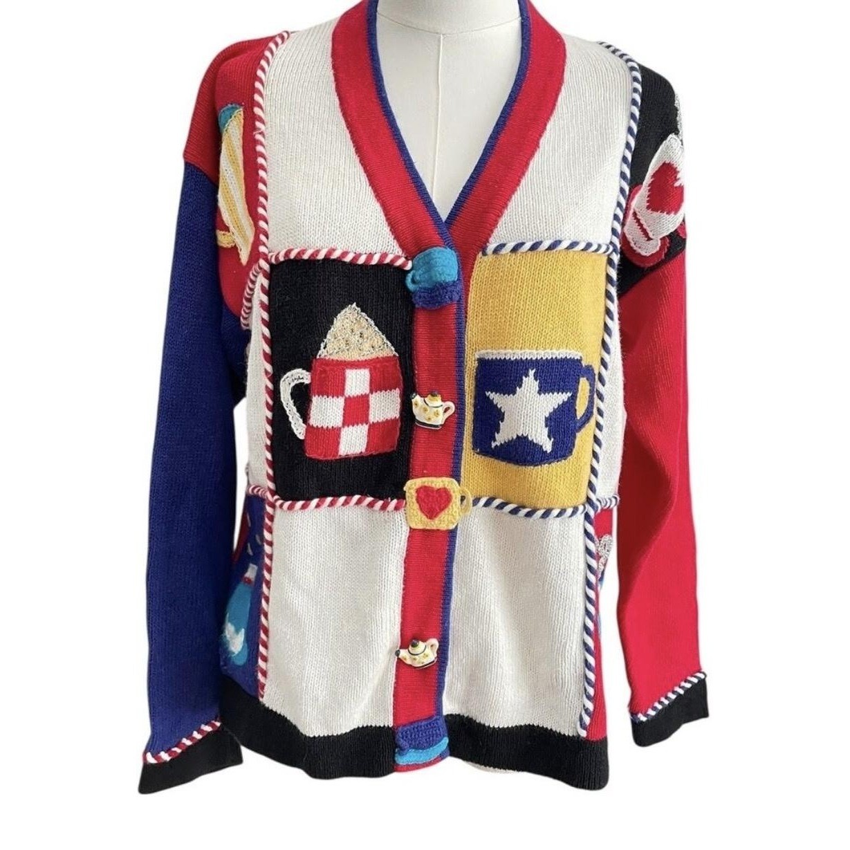 VTG Berek Cardigan Womens Small Patchwork Coffee Tea Art Sweater 90s