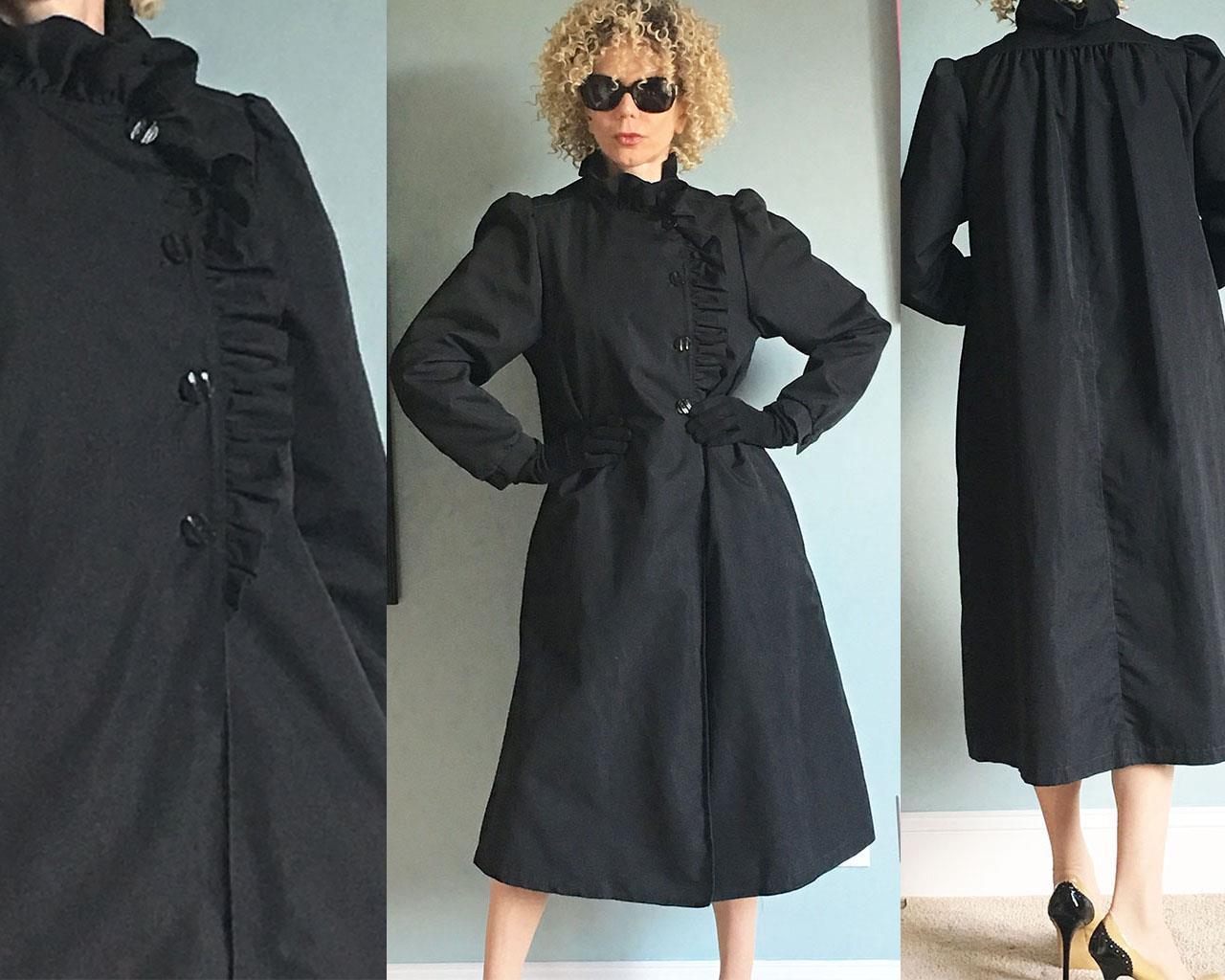 VTG Black Trench Coat w/ Ruffles Puffed sleeve by Misty Harbor Mariner III 8R XS