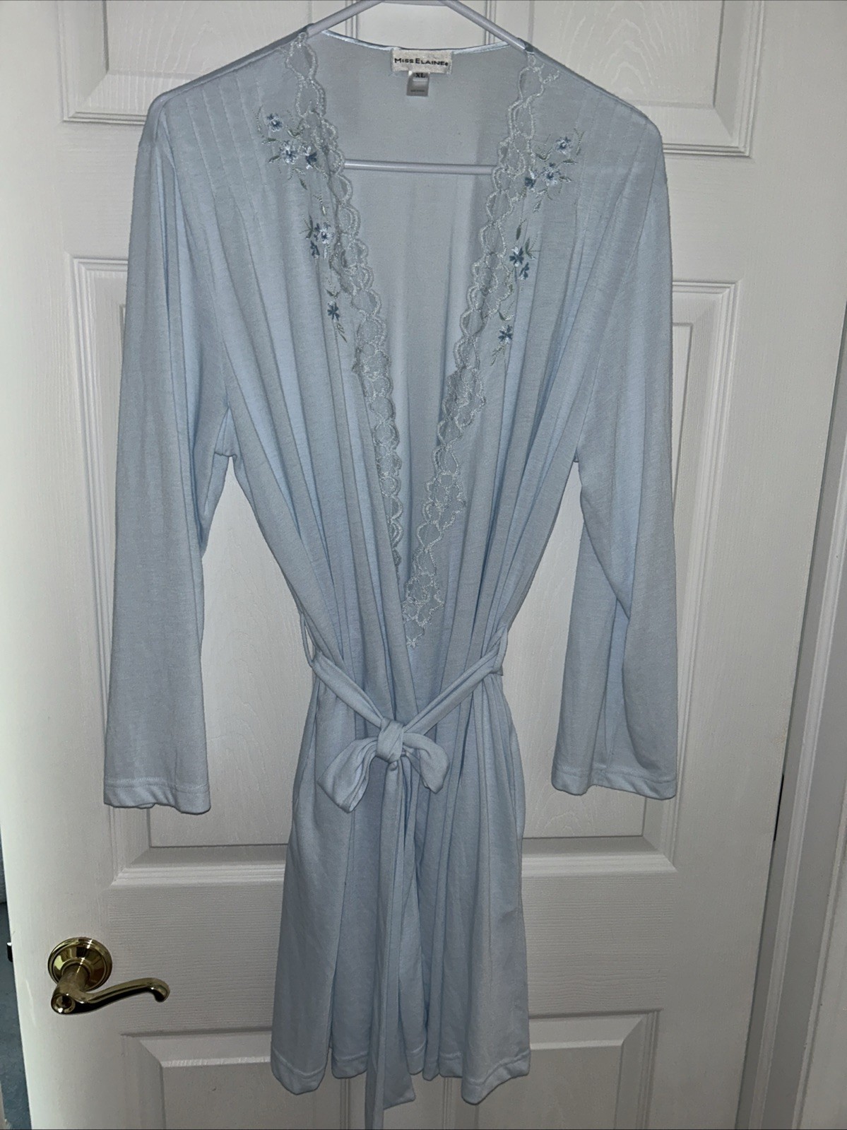 Miss Elaine Robe Pale Blue Lace Embroidery Tie Mid-Length XL #309466L Vintage