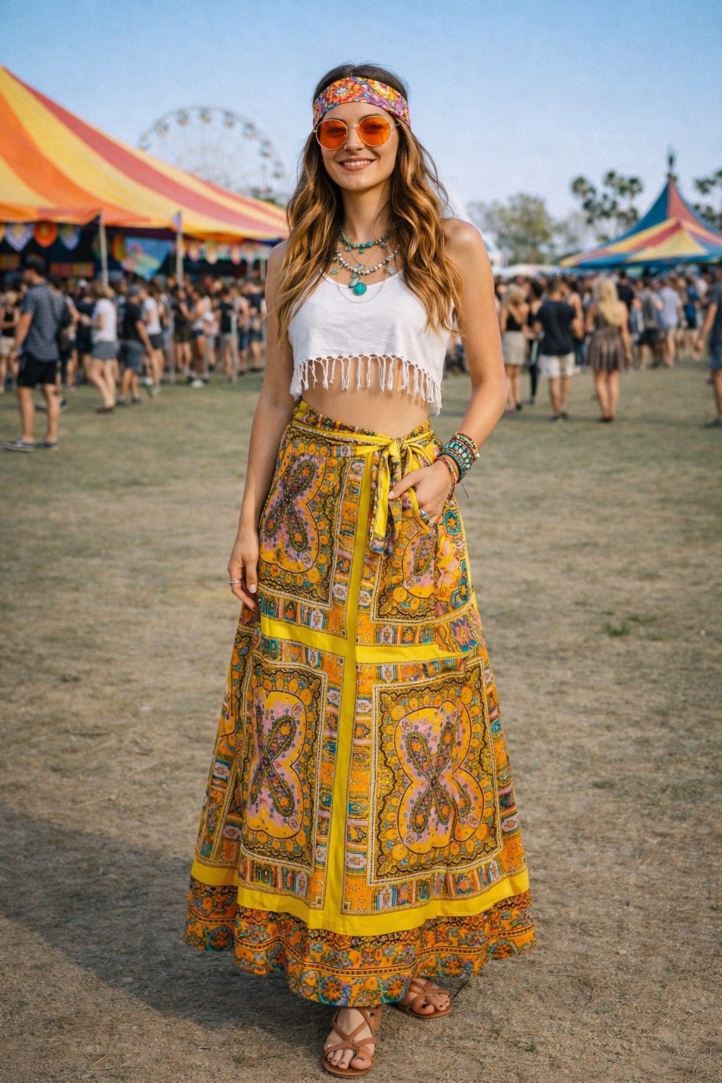 Vintage Psychedelic Cotton Maxi Groovy Skirt Scarf Print Boho Festival 70s