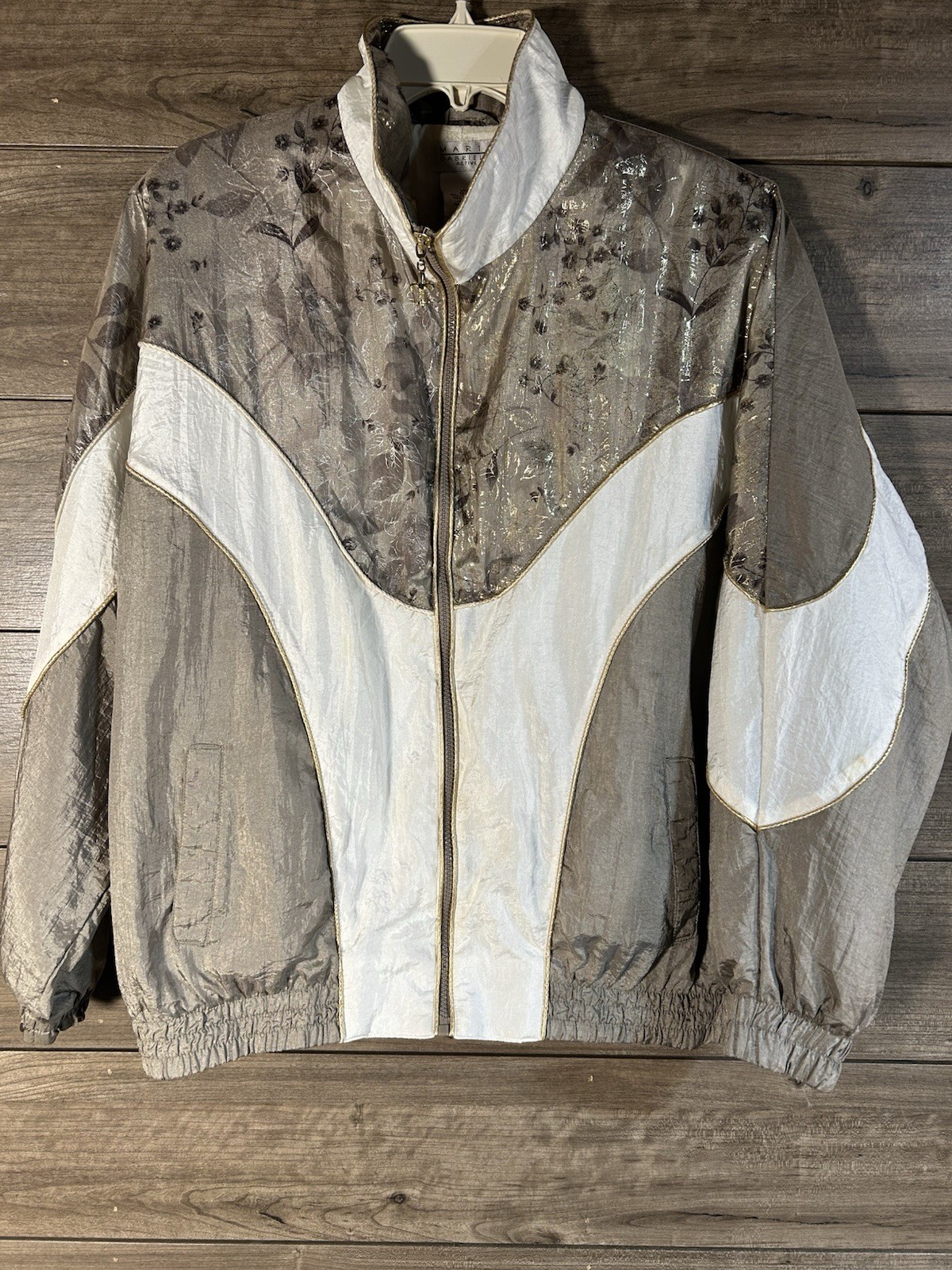 1980s-90s Windbreaker/Track Jacket VShaped ColorBlock GoldTone Leaf Accent Large