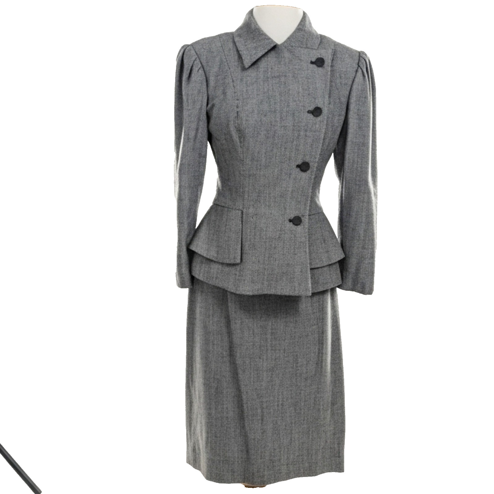 Vintage 1980s Herbert Grossman Skirt Suit Size 10 Black Gray Peplum USA ILGWU