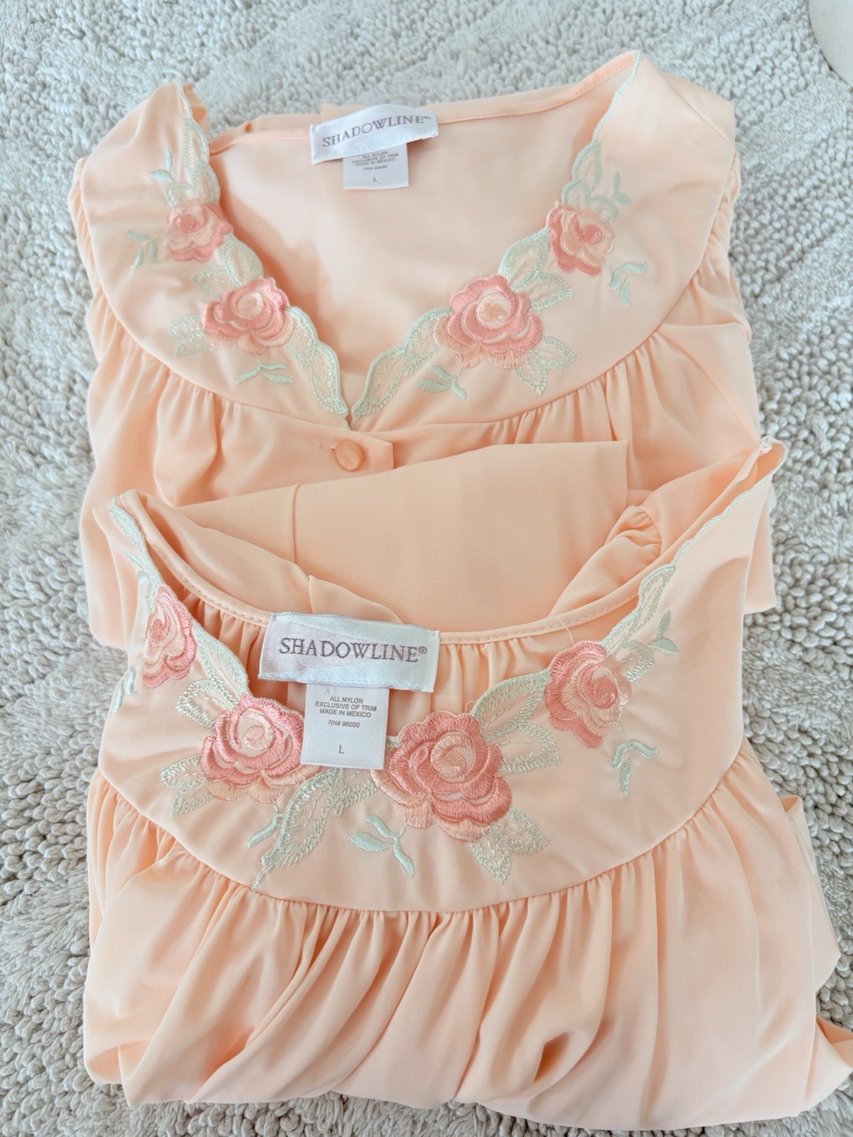 SHADOWLINE Light Peach Vtg Nightgown & Robe 2pc Set Sz L Nylon Floral Embroidery