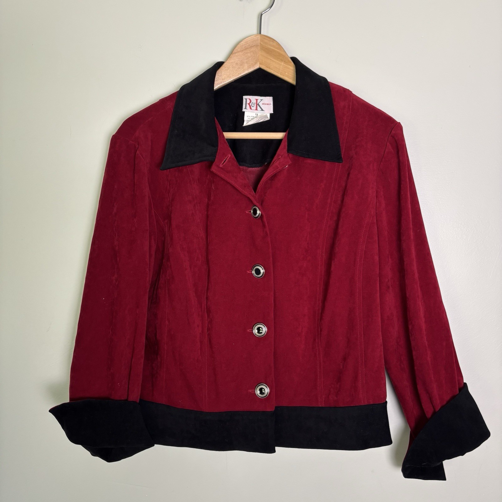 VTG 90s R & K Originals Red/Black Faux Suede Blazer Jacket-Size 12-Button Front