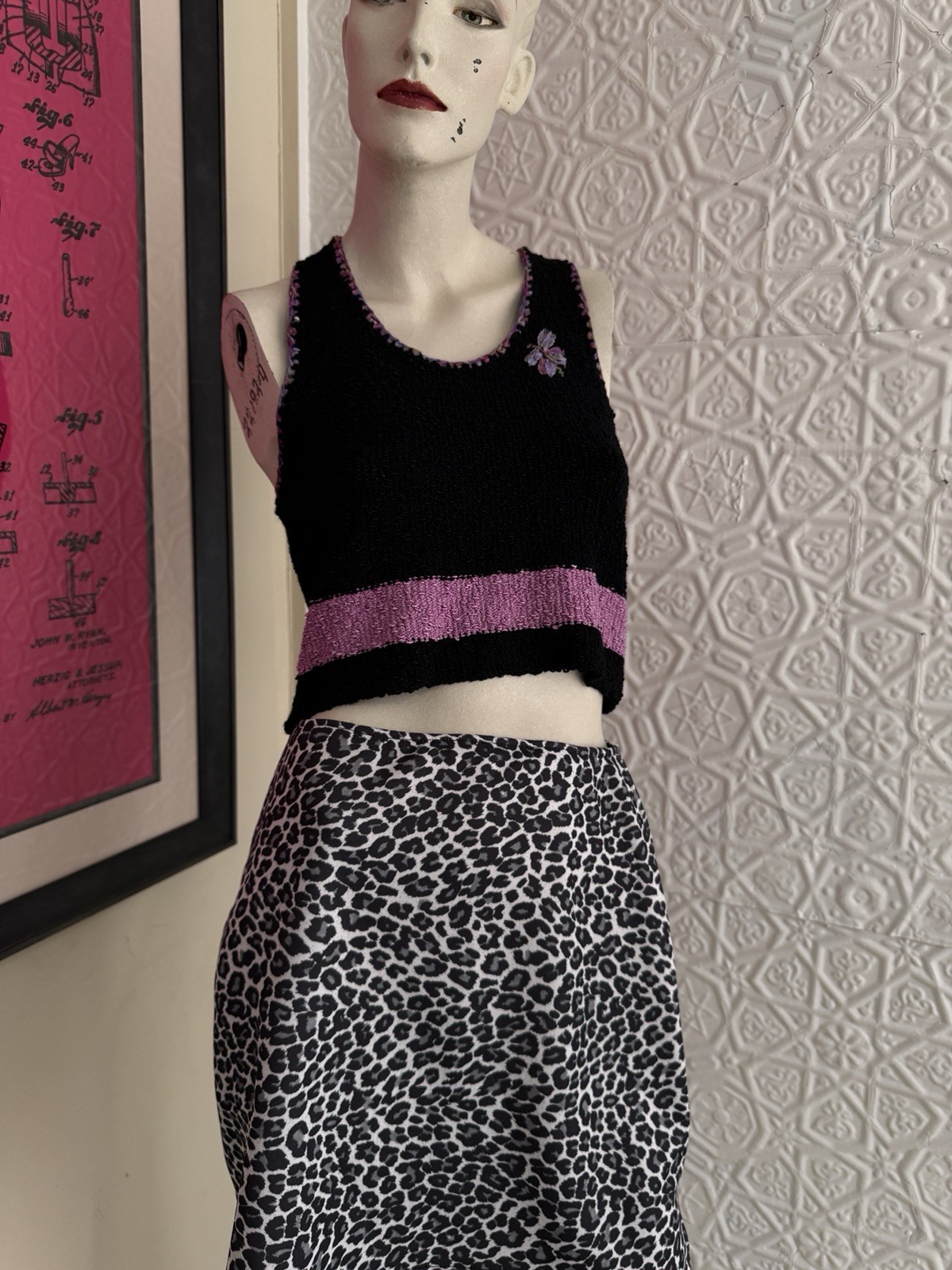 1990s black & white animal print mini skirt-vampy-vintage-USA made stretch-