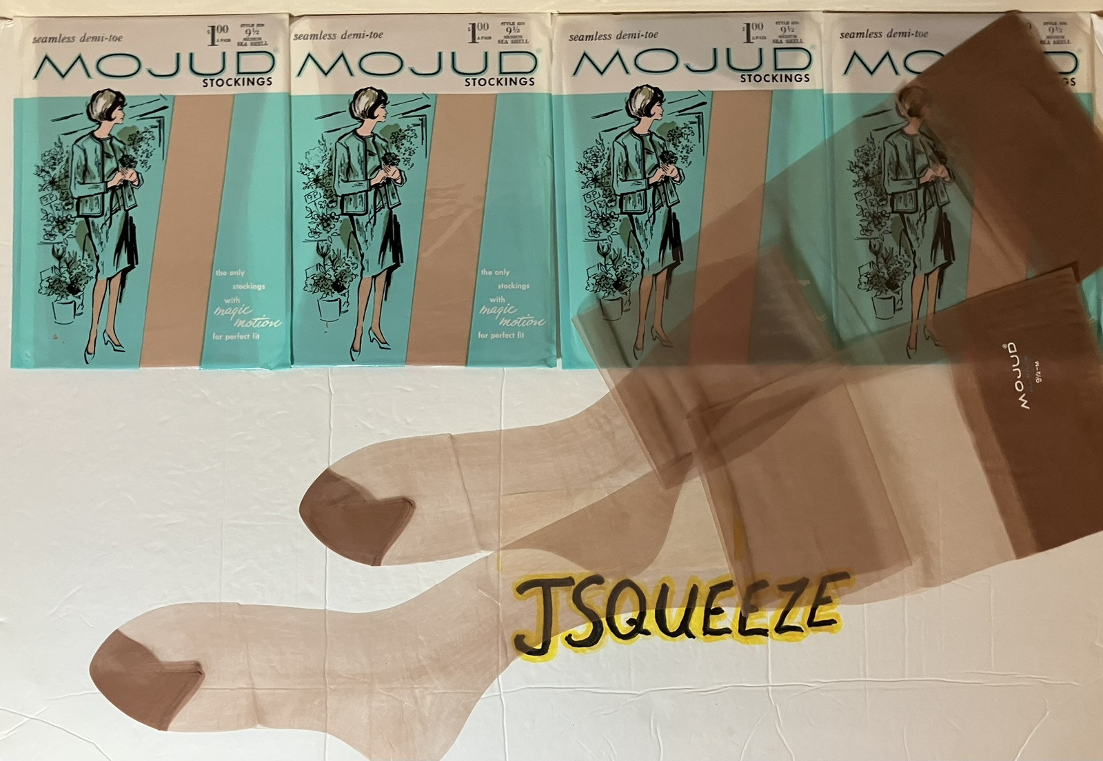 5 Pair VTG FLAT KNIT MOJUD MAGIC MOTION NYLON STOCKINGS GARTER HOSIERY 9 1/2×32”