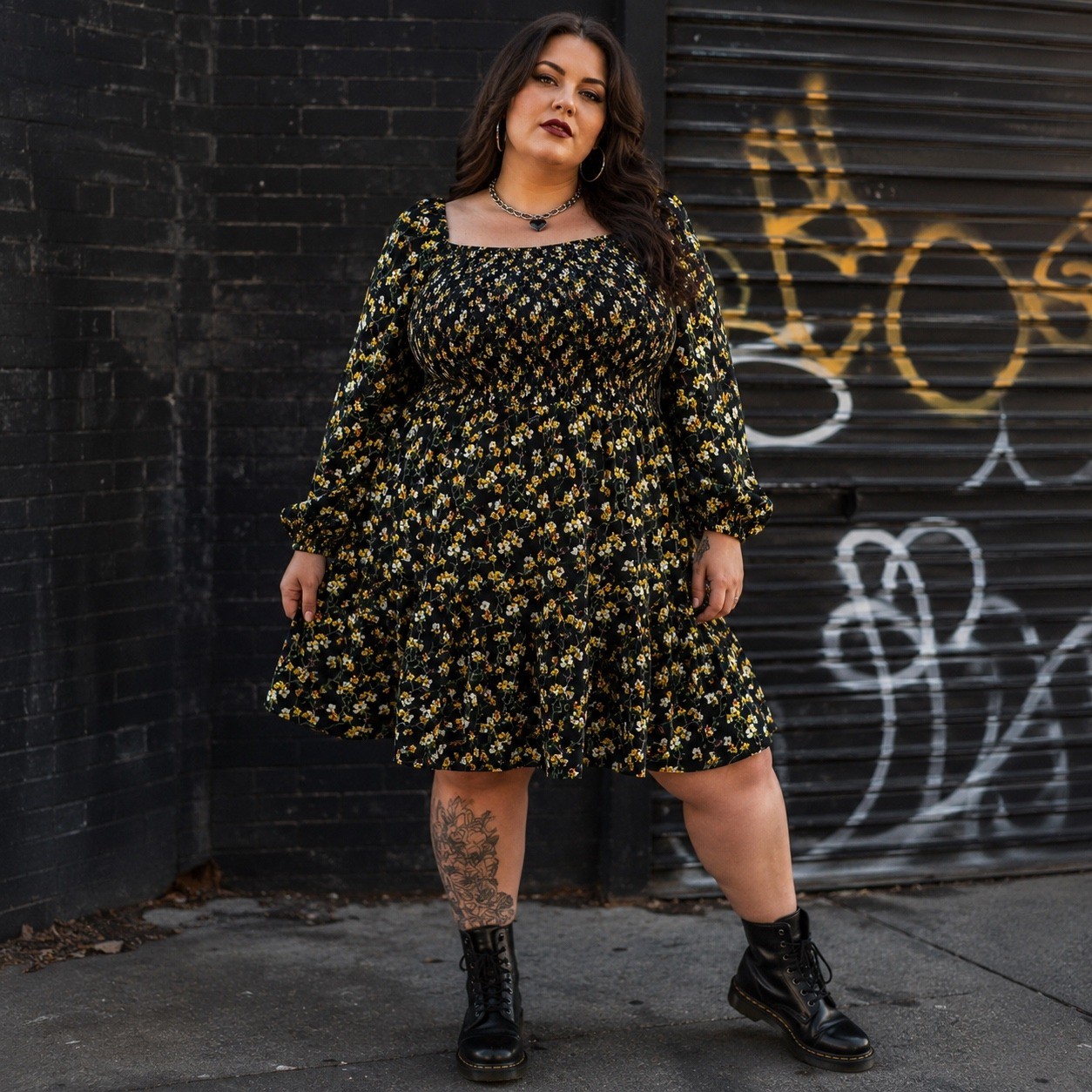 Just Found Womans Dress 3X Dress Long Sleeve Black Floral Baby Doll Smocked