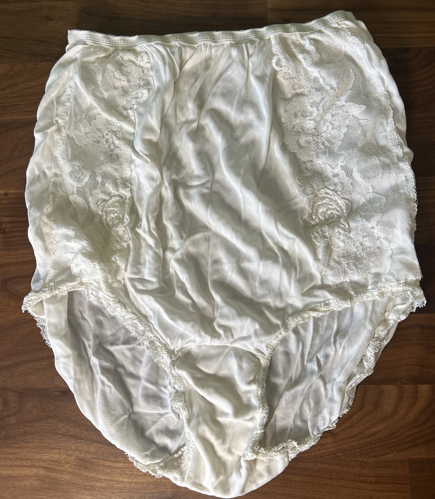 Vtg Panties Silky Nylon Double Mushroom Gusset Sz 7 Lace Overlay Full Brief